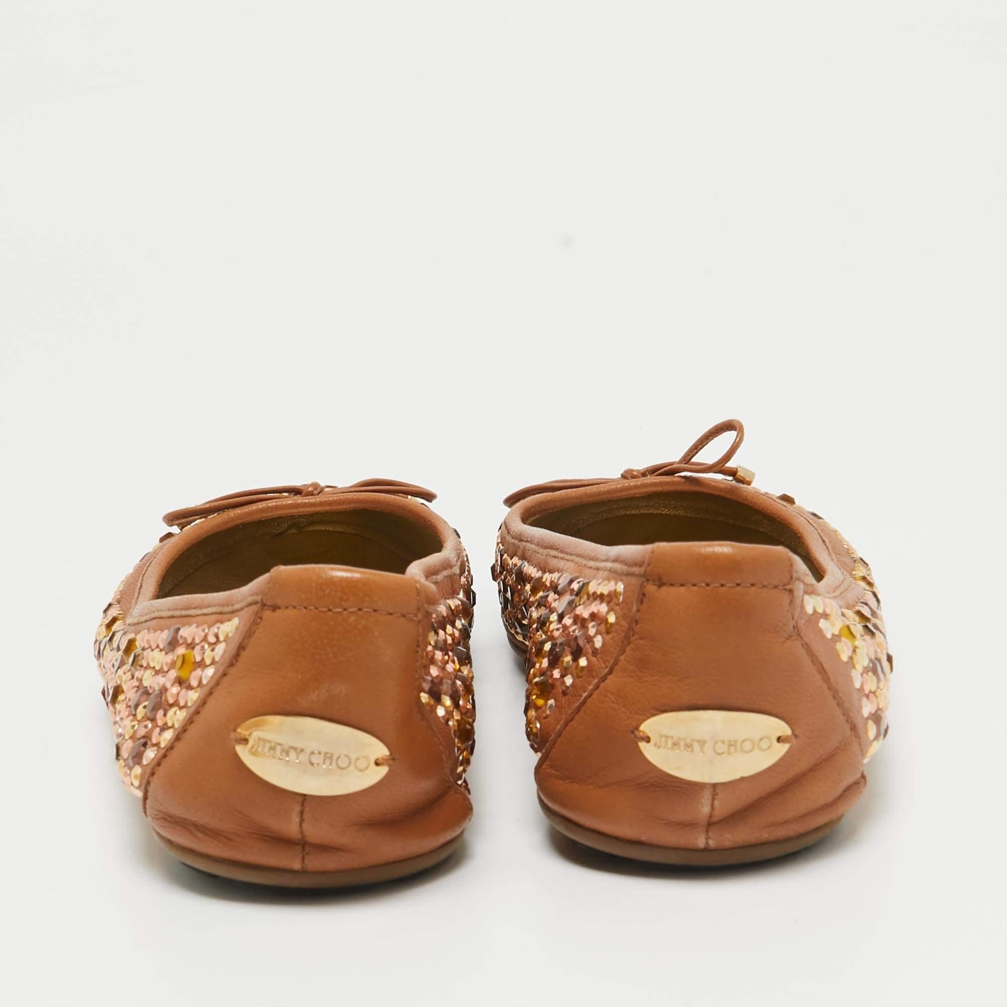 Jimmy Choo Brown Leather Crystal Embellished Ballet Flats Size 38 For Sale 1