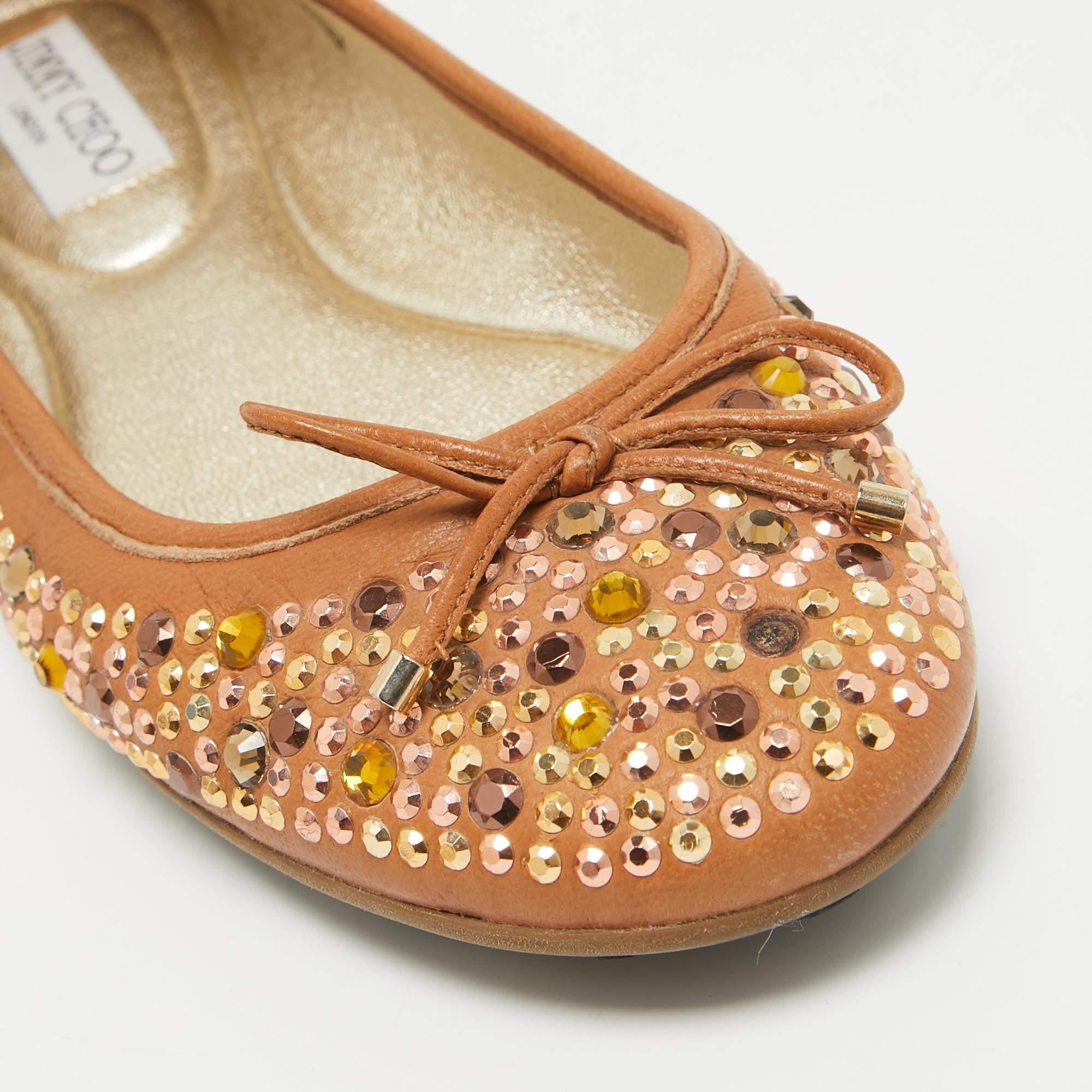 Jimmy Choo Brown Leather Crystal Embellished Ballet Flats Size 38 For Sale 3