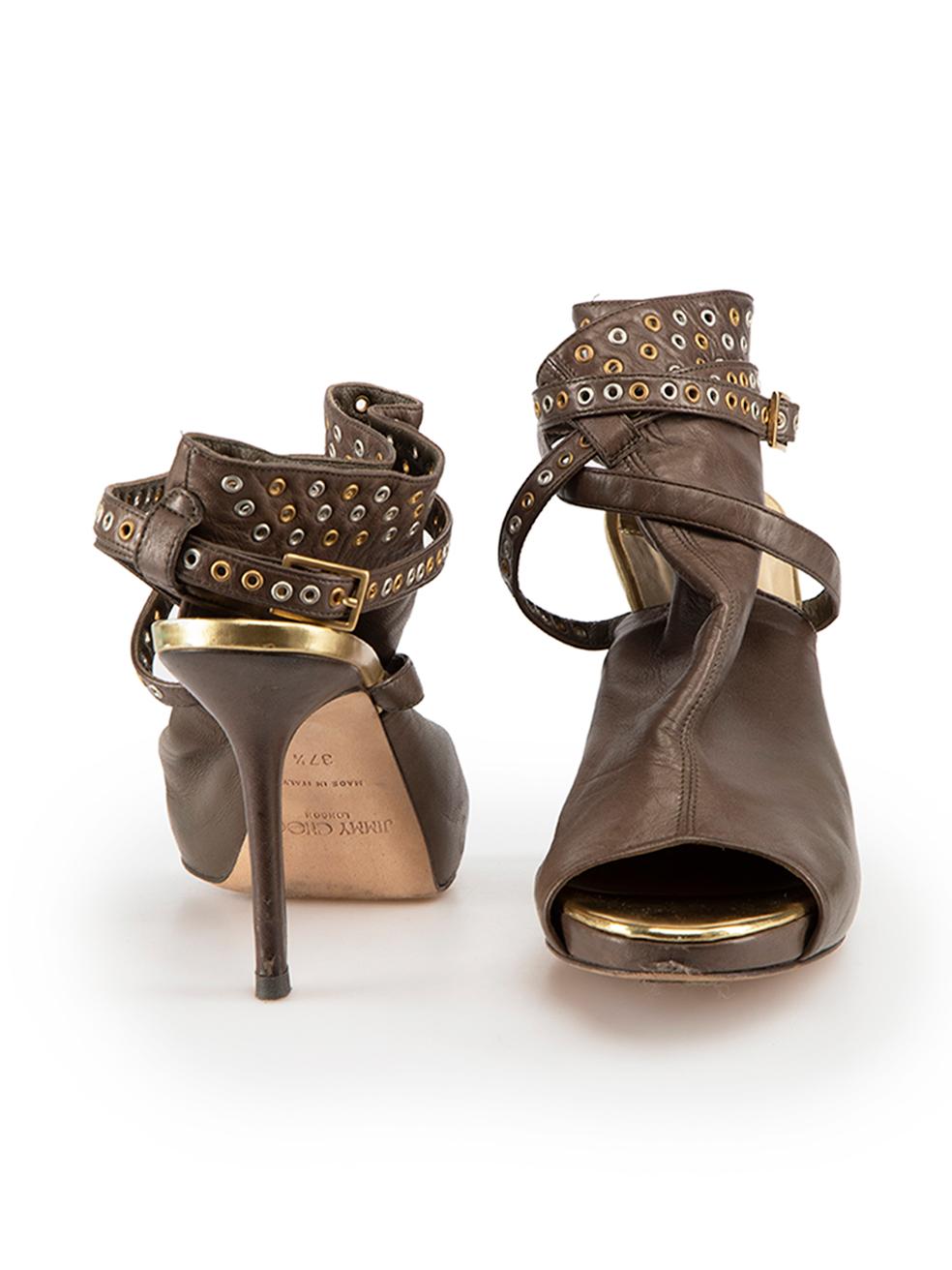 Jimmy Choo Brown Leather Eyelet Heels Size IT 37.5 In Good Condition For Sale In London, GB