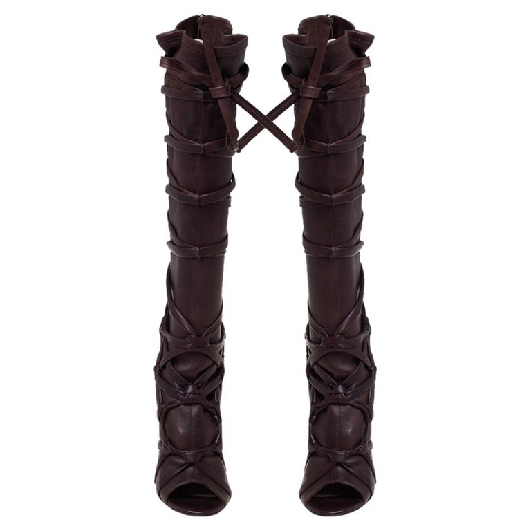 Jimmy Choo Brown Leather Peep Toe Knee High Length Boots Size 38 at 1stDibs