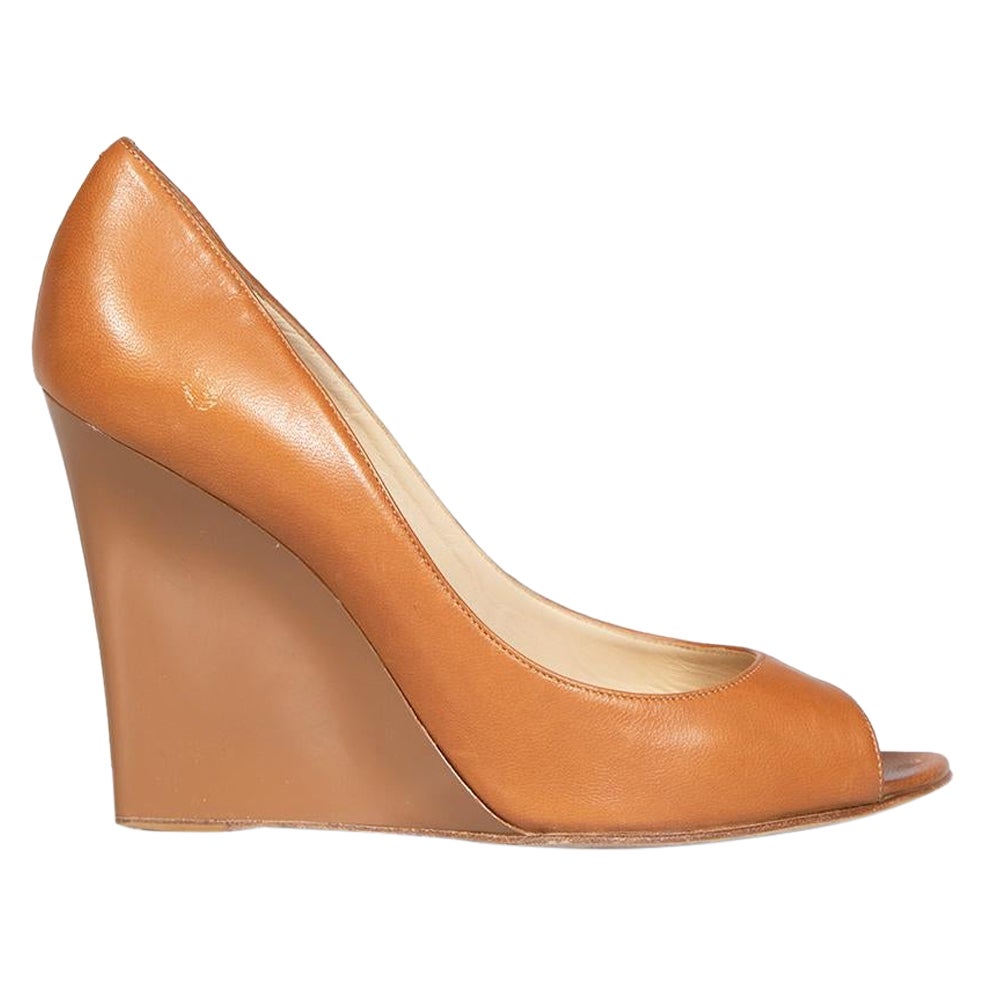 Jimmy Choo Brown Leather Peep Toe Wedges Size IT 38