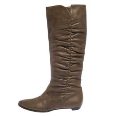 Jimmy Choo Brown Leather Pleat Detail Knee High Boots Size 38.5