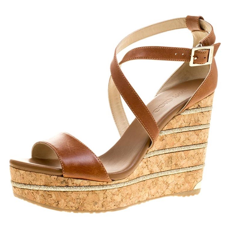 Jimmy Choo Brown Leather Portia Cork Wedge Sandals Size 41 For Sale at ...