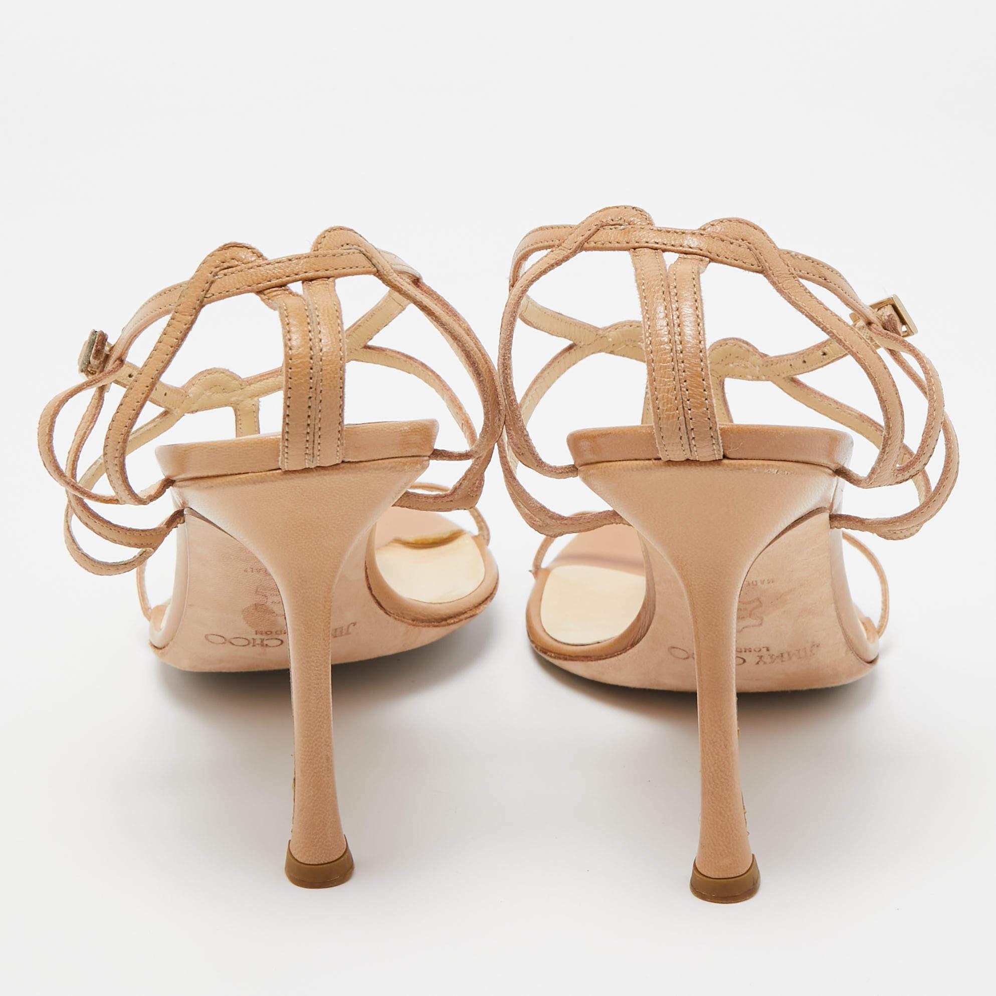 Beige Jimmy Choo Brown Leather Strappy Sandals Size 39 For Sale