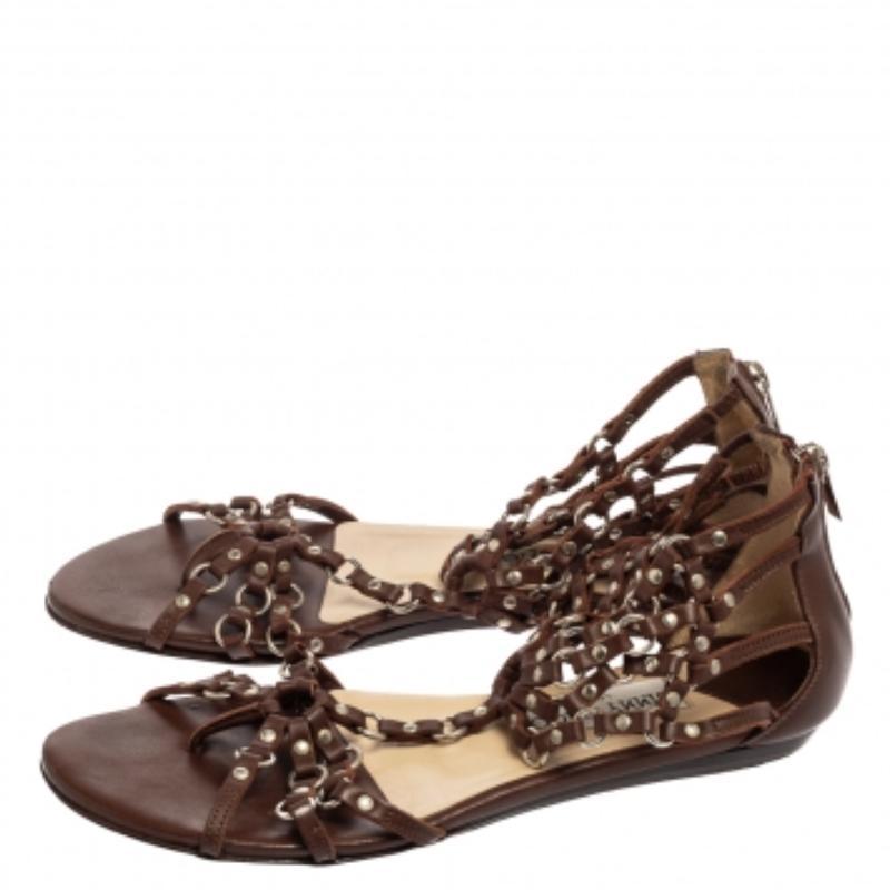 Women's Jimmy Choo Brown Leather Studded Caged T-Strap Flat Sandals Size 37.5 For Sale
