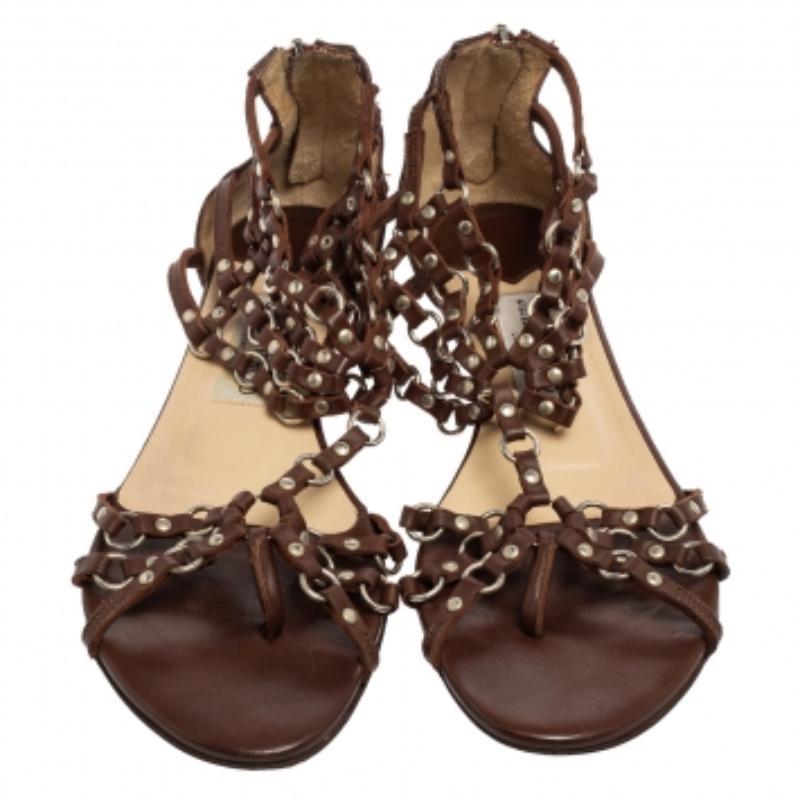Jimmy Choo Brown Leather Studded Caged T-Strap Flat Sandals Size 37.5 For Sale 1