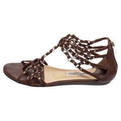 Jimmy Choo Brown Leather Studded Caged T-Strap Flat Sandals Size 37.5