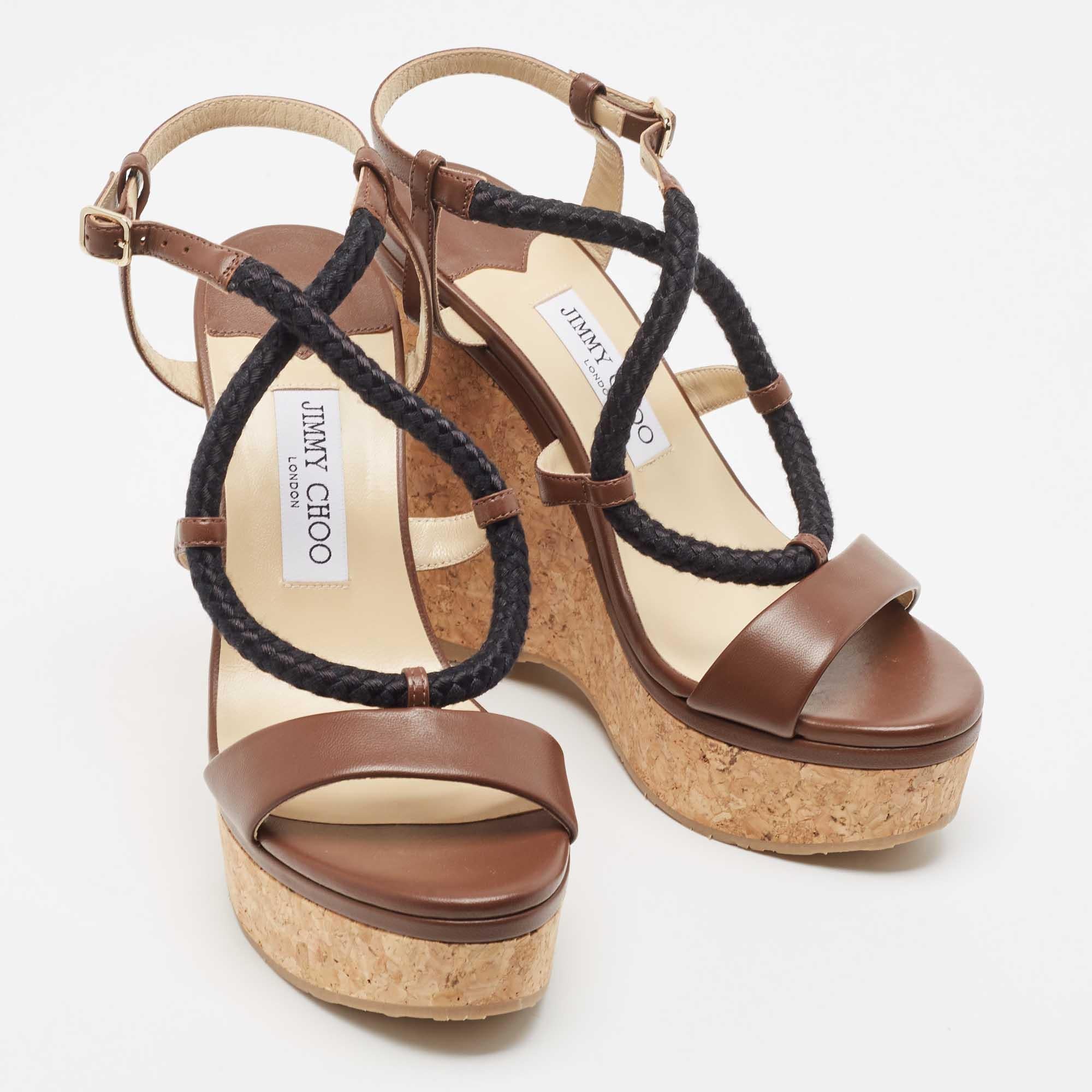 Women's Jimmy Choo Brown Leather Wynwood Wedge Sandals Size 39