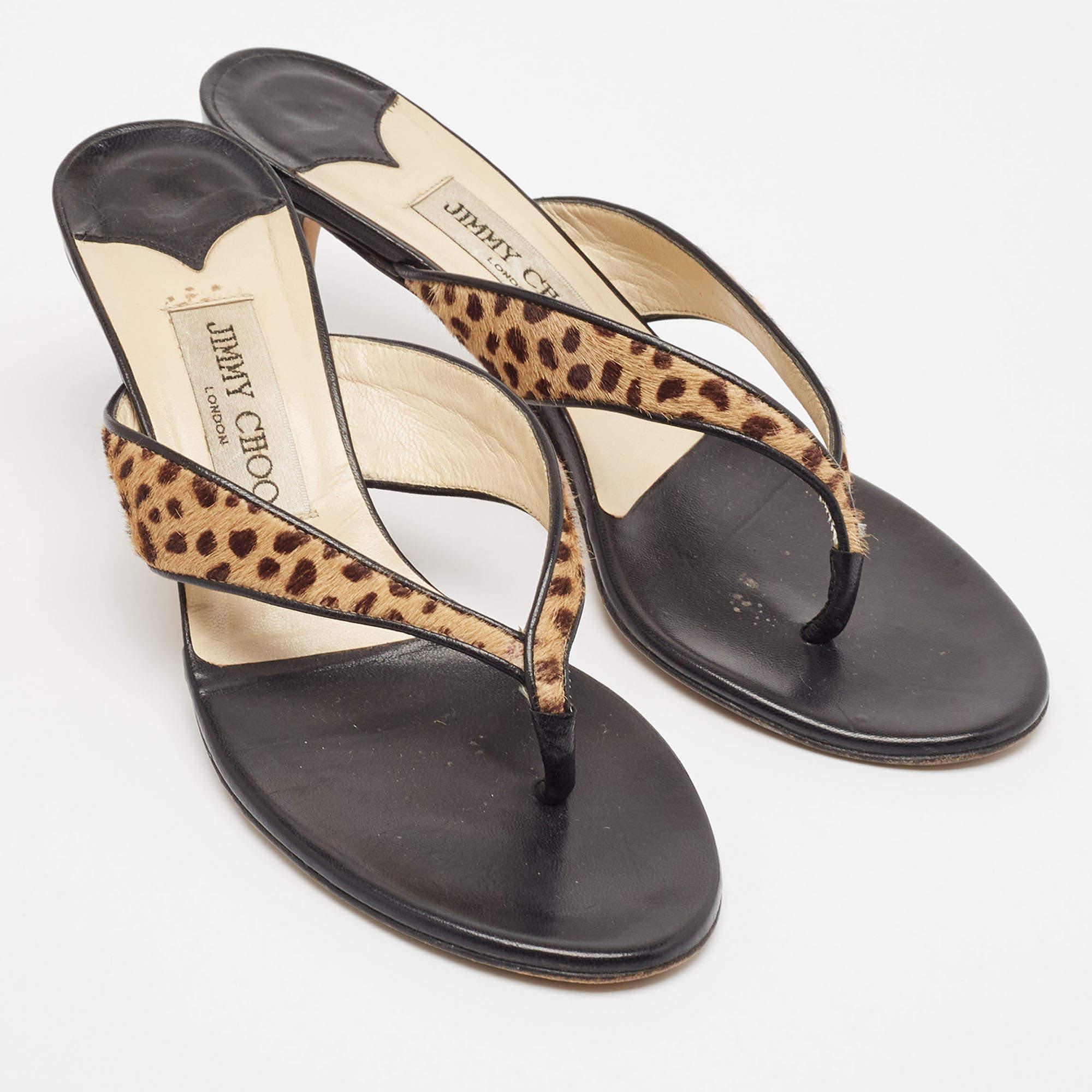 Women's Jimmy Choo Brown Leopard Calf Hair and Leather Thong Sandals Size 37.5
