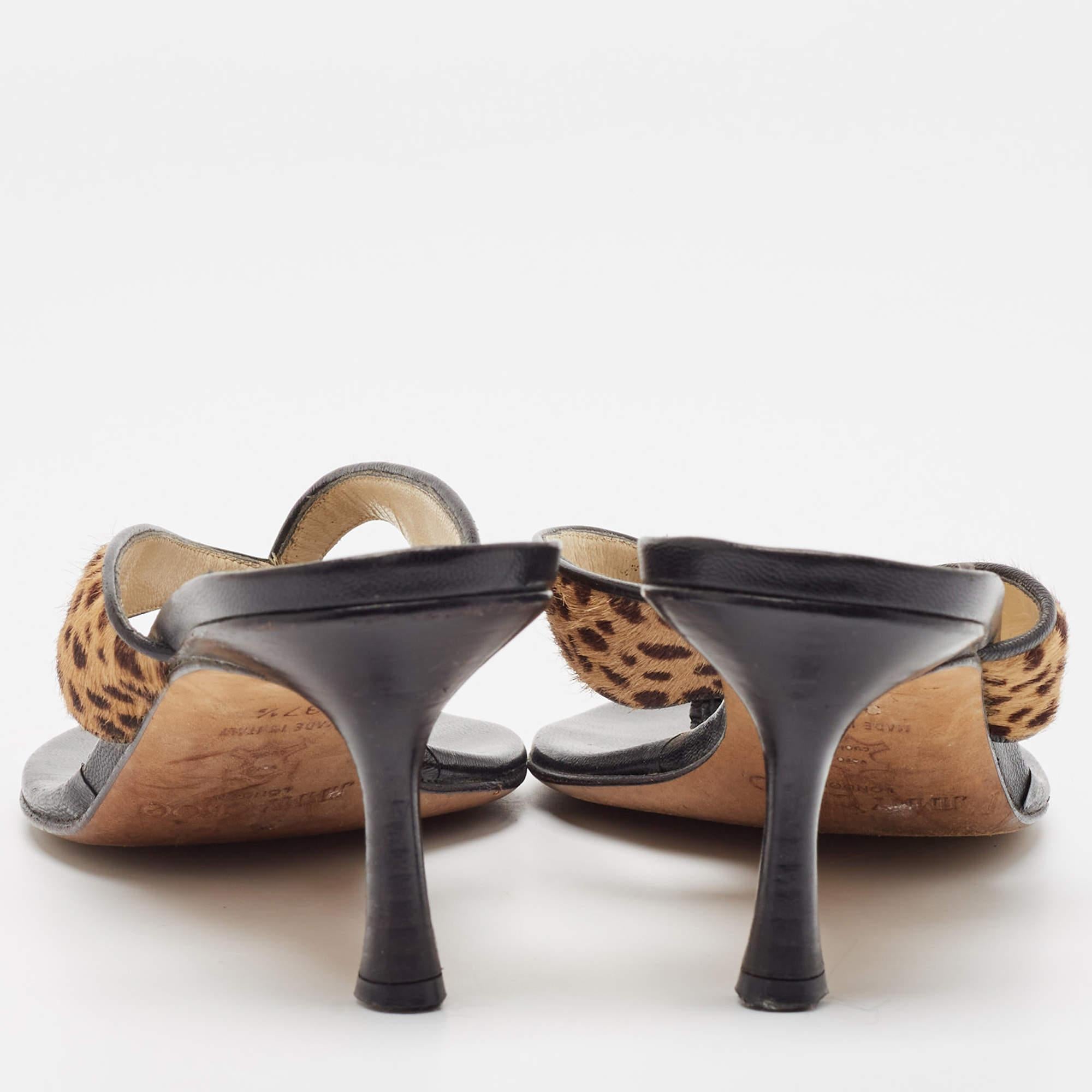Jimmy Choo Brown Leopard Calf Hair and Leather Thong Sandals Size 37.5 1