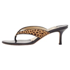 Jimmy Choo Brown Leopard Calf Hair and Leather Thong Sandals Size 37.5