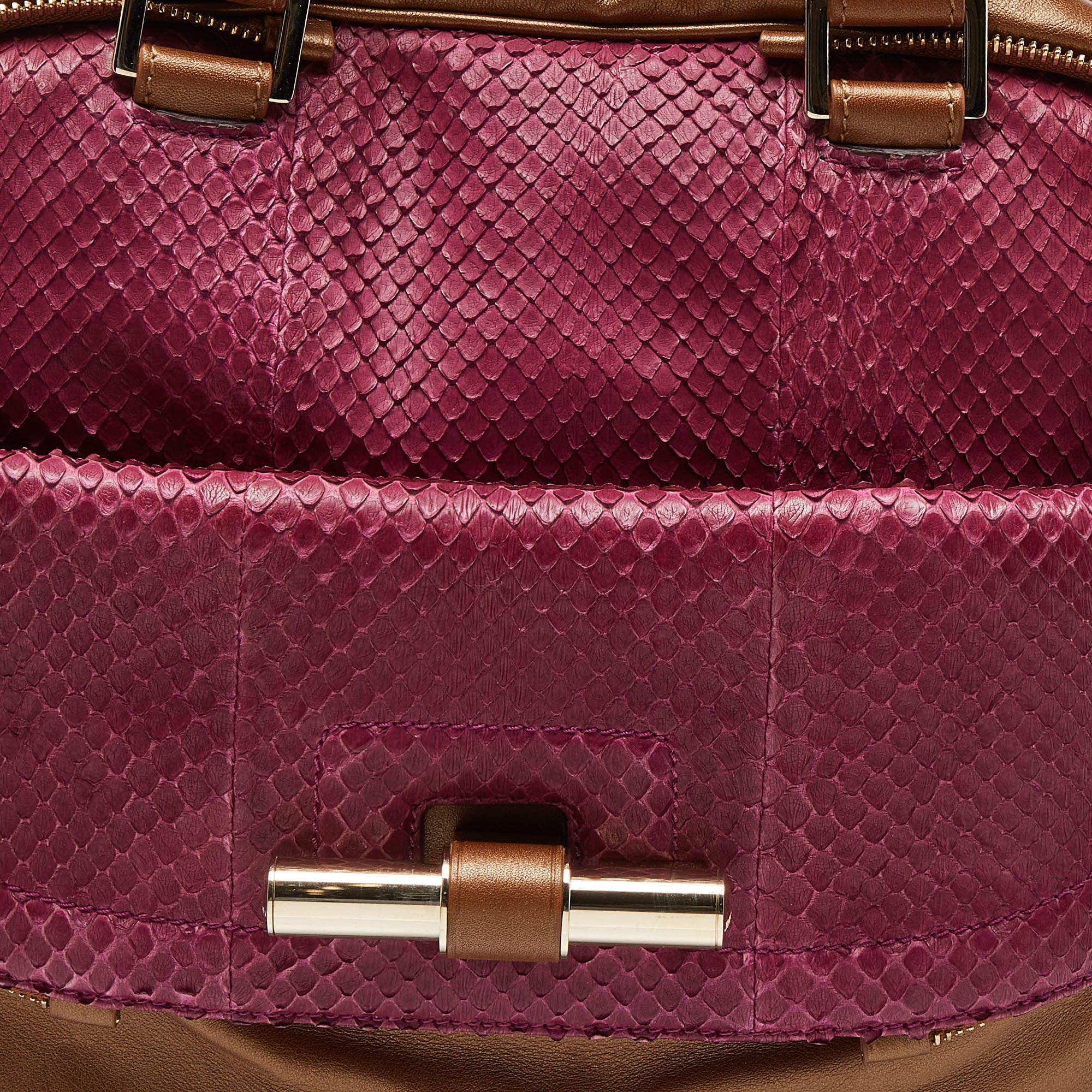 Jimmy Choo Brown/Magenta Leather and Watersnake Leather Justine Satchel For Sale 1