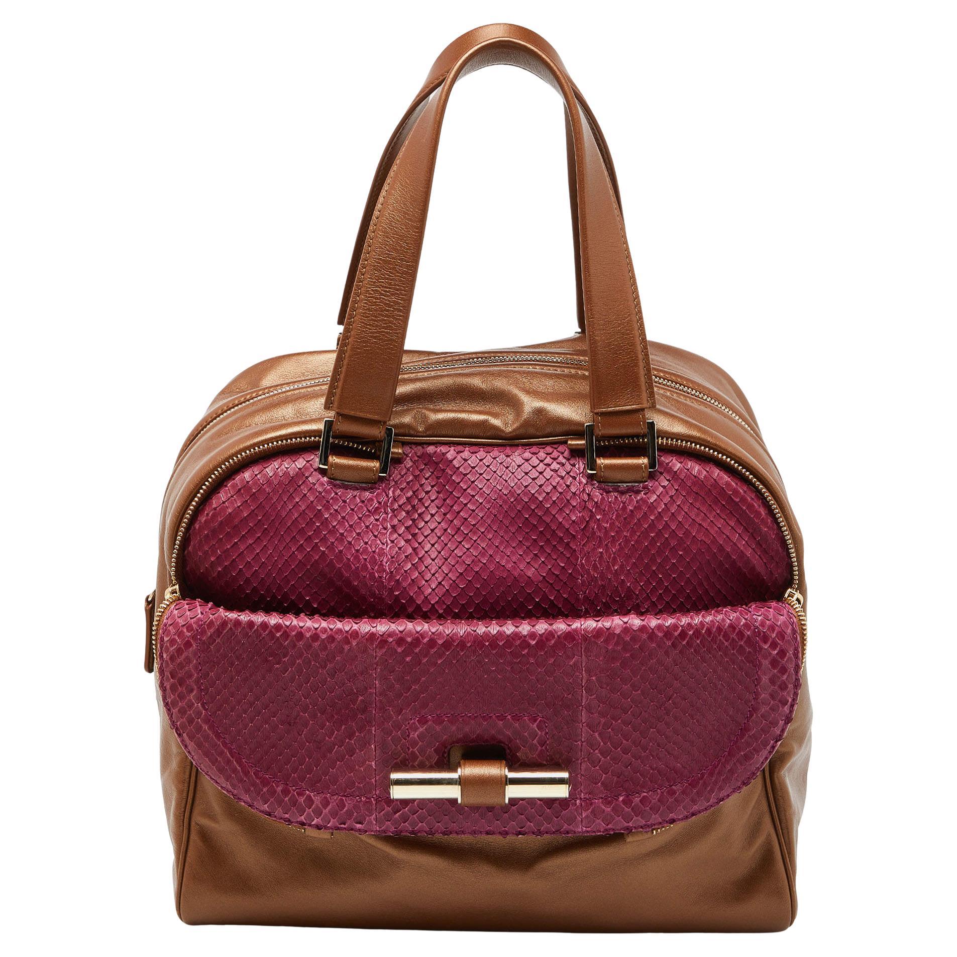 Jimmy Choo Brown/Magenta Leather and Watersnake Leather Justine Satchel For Sale