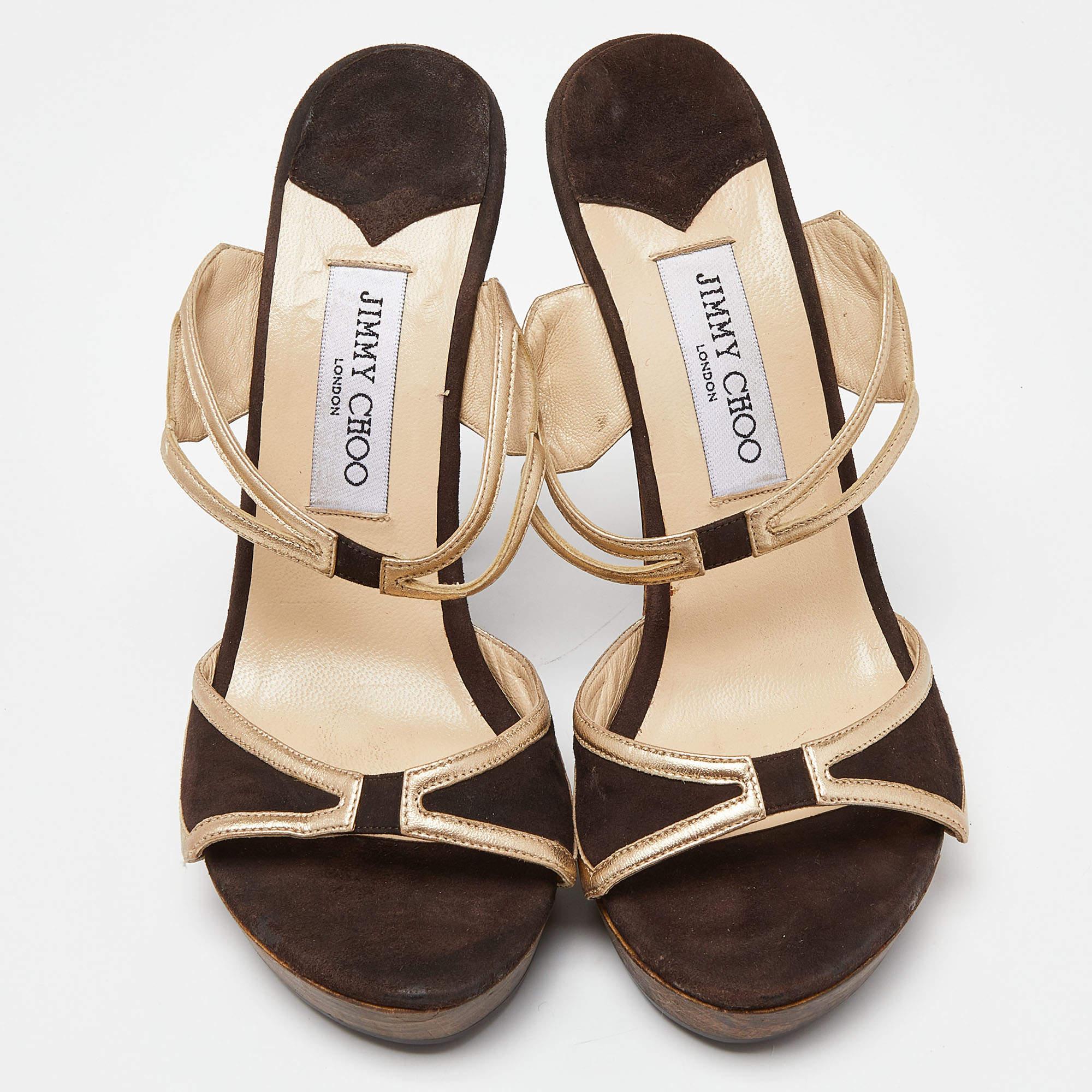 Jimmy Choo Brown/Metallic Gold Suede & Leather Strappy Platform Sandals Size 39 In Good Condition For Sale In Dubai, Al Qouz 2