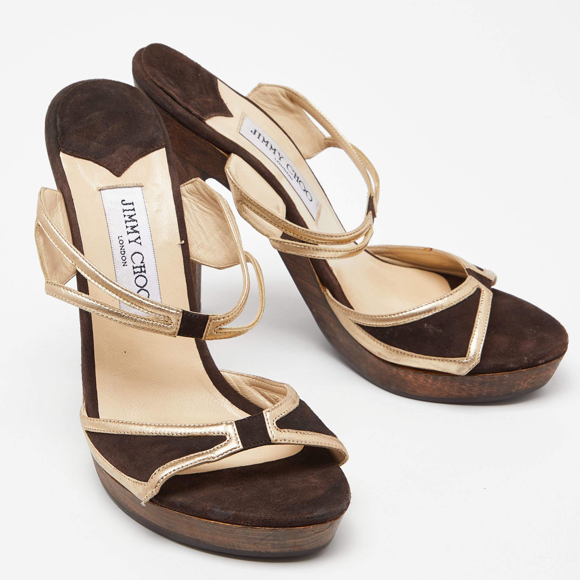 Women's Jimmy Choo Brown/Metallic Gold Suede & Leather Strappy Platform Sandals Size 39 For Sale