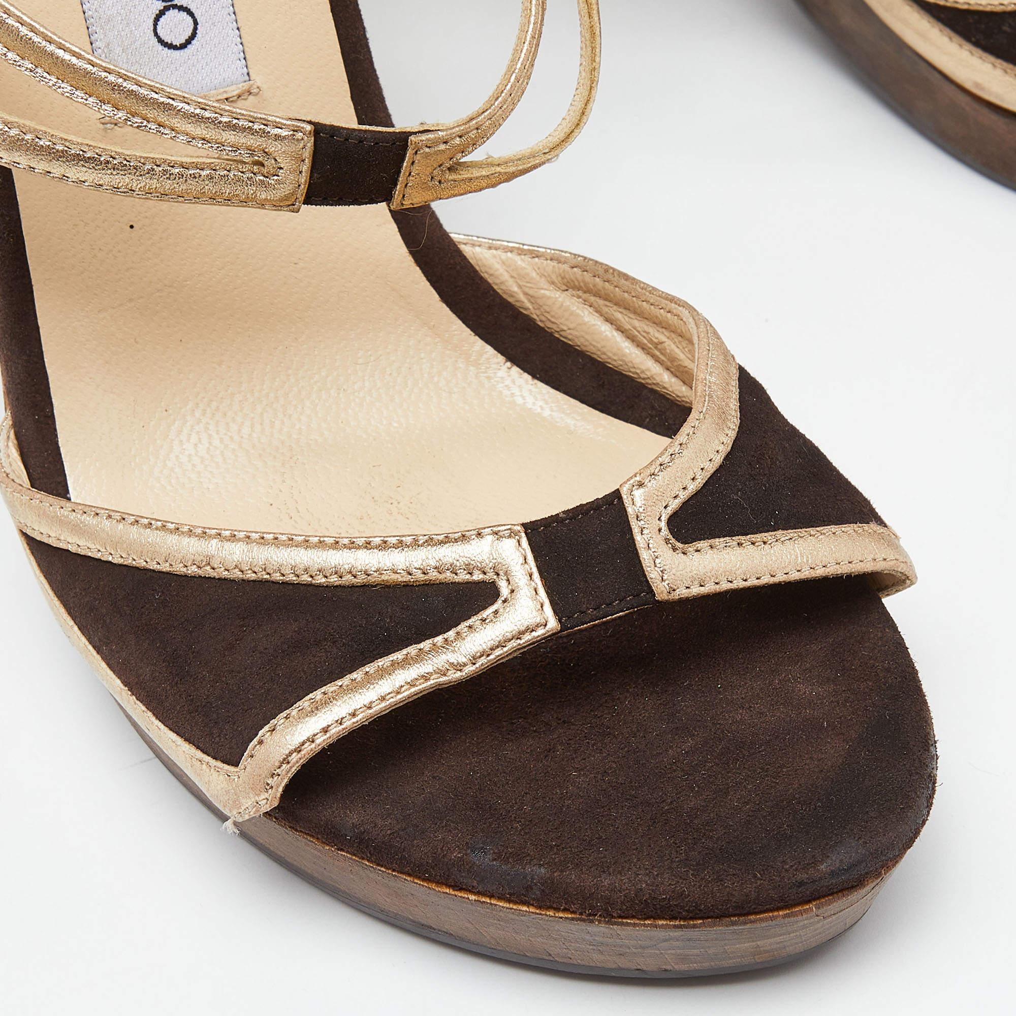 Jimmy Choo Brown/Metallic Gold Suede & Leather Strappy Platform Sandals Size 39 For Sale 3