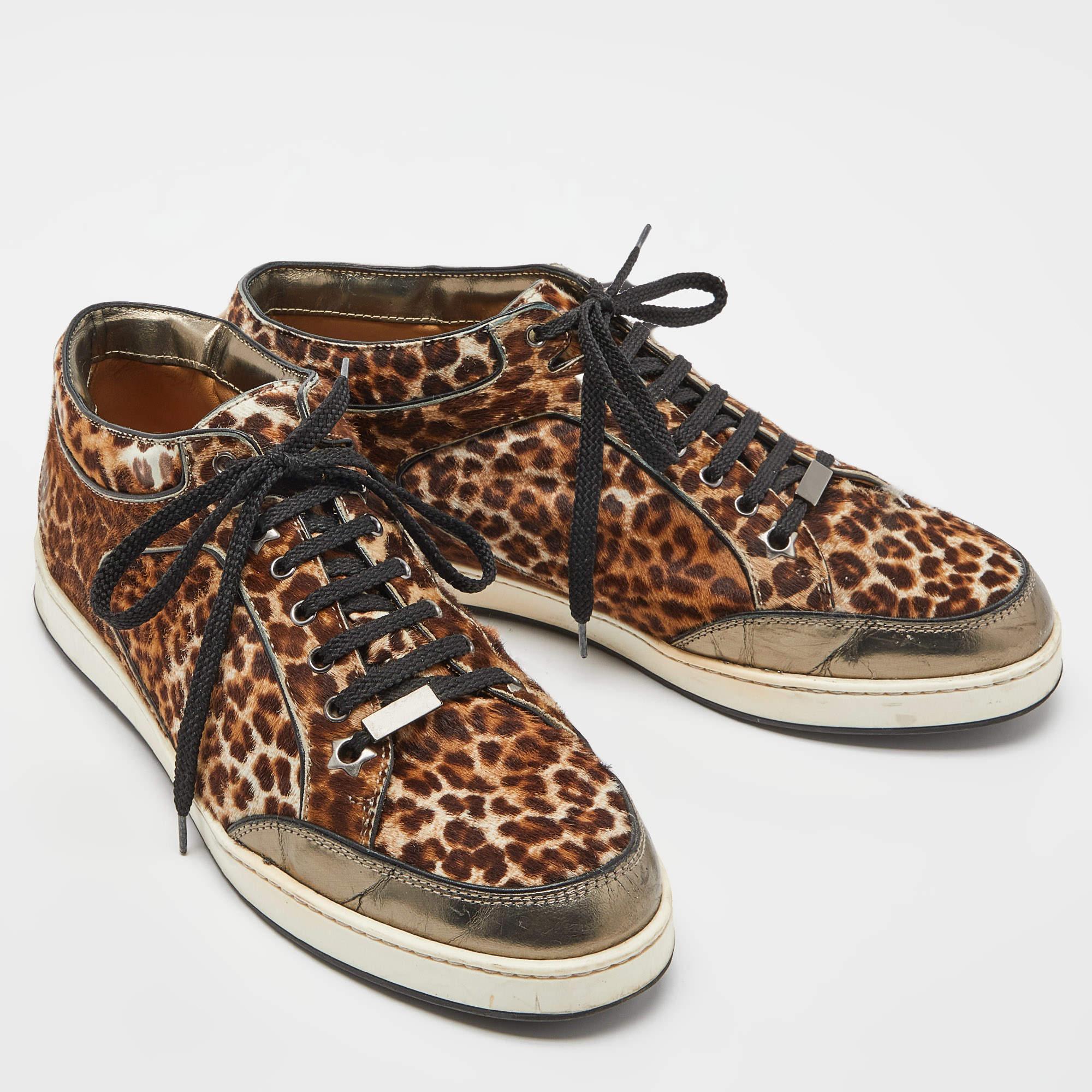 Jimmy Choo Brown/Metallic Leopard Print Calfhair and Mirrored Leather Miami Low  For Sale 1