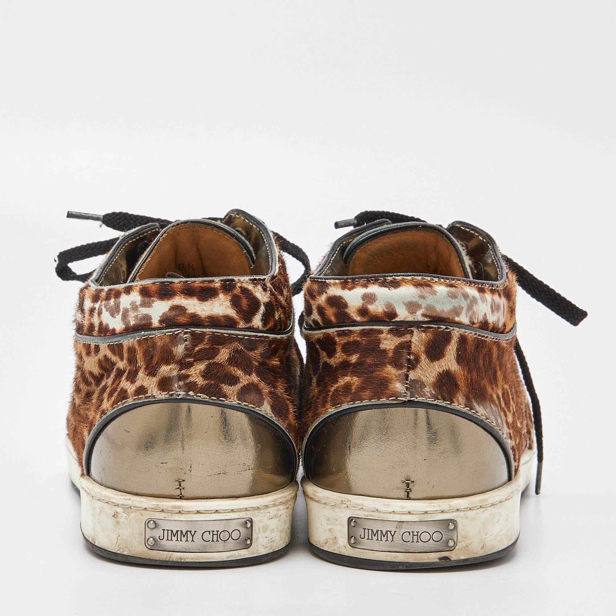 Jimmy Choo Brown/Metallic Leopard Print Calfhair and Mirrored Leather Miami Low  For Sale 2