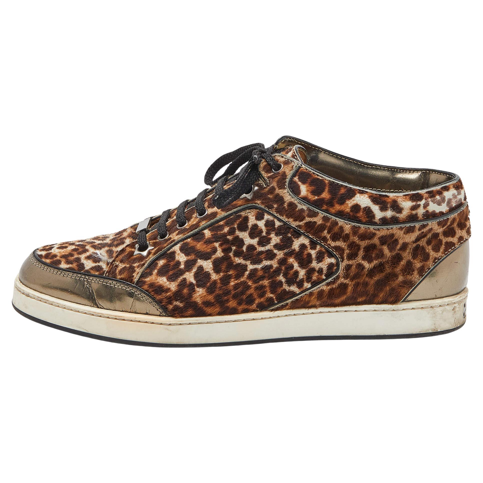 Jimmy Choo Brown/Metallic Leopard Print Calfhair and Mirrored Leather Miami Low  For Sale