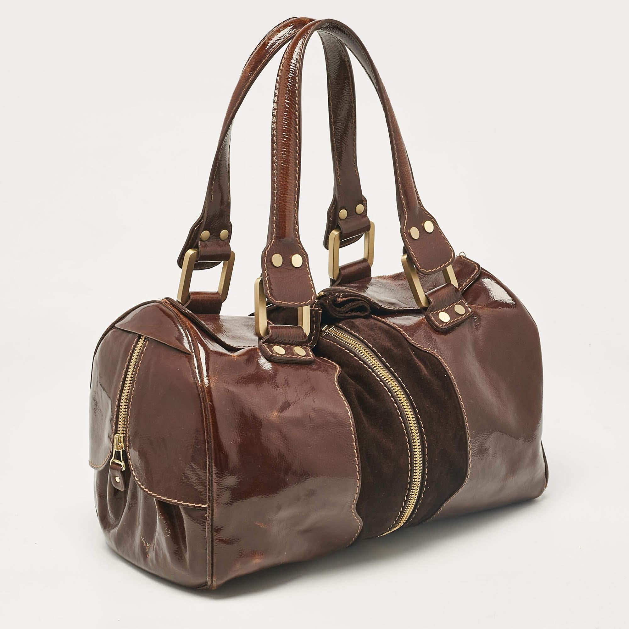 Jimmy Choo Brown Patent Leather and Suede Large Marla Bag In Fair Condition In Dubai, Al Qouz 2
