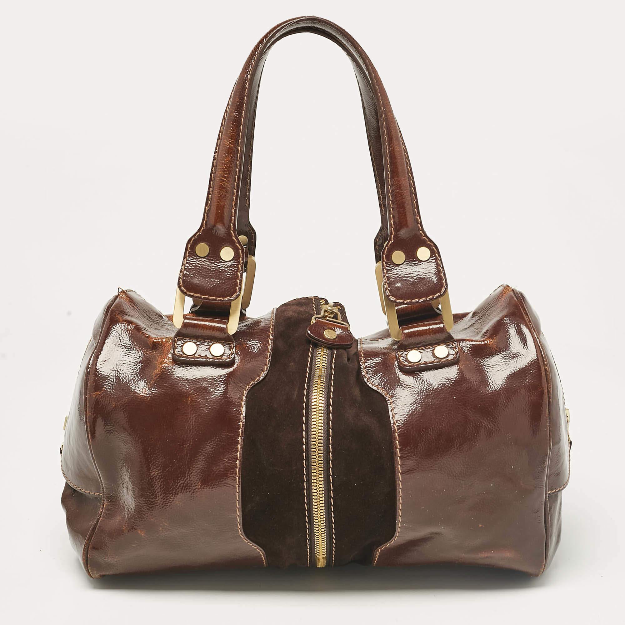 Women's Jimmy Choo Brown Patent Leather and Suede Large Marla Bag