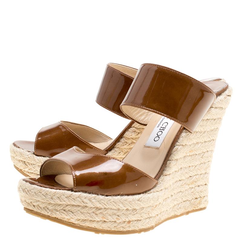 Women's Jimmy Choo Brown Patent Leather Espadrille Wedge Slides Size 38