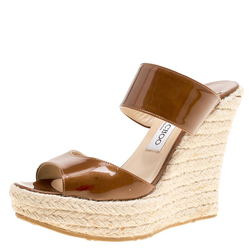 Jimmy Choo Brown Patent Leather Espadrille Wedge Slides Size 38