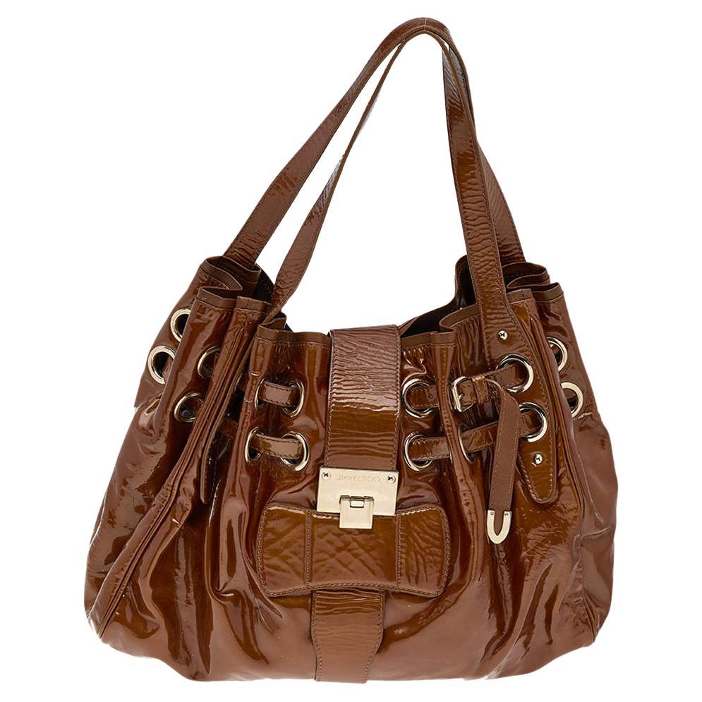 Jimmy Choo Brown Patent Leather Riki Tote For Sale