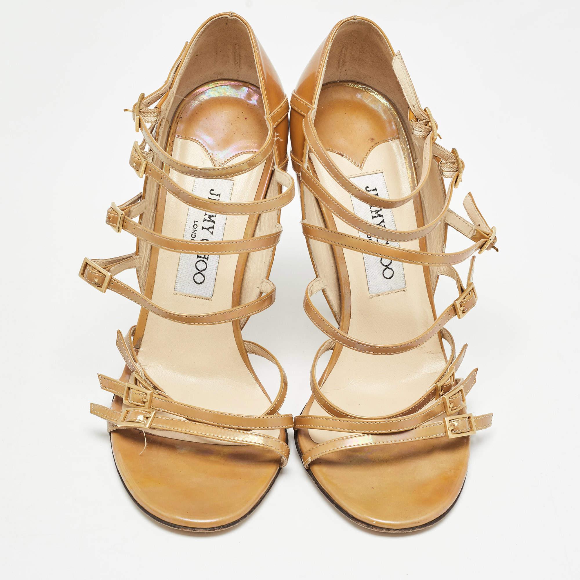 Beige Jimmy Choo Brown Patent Strappy Sandals Size 37.5 For Sale