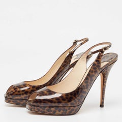 Jimmy Choo Brown Patent Tortoise Peep Toe Slingback Pumps Size 39.5