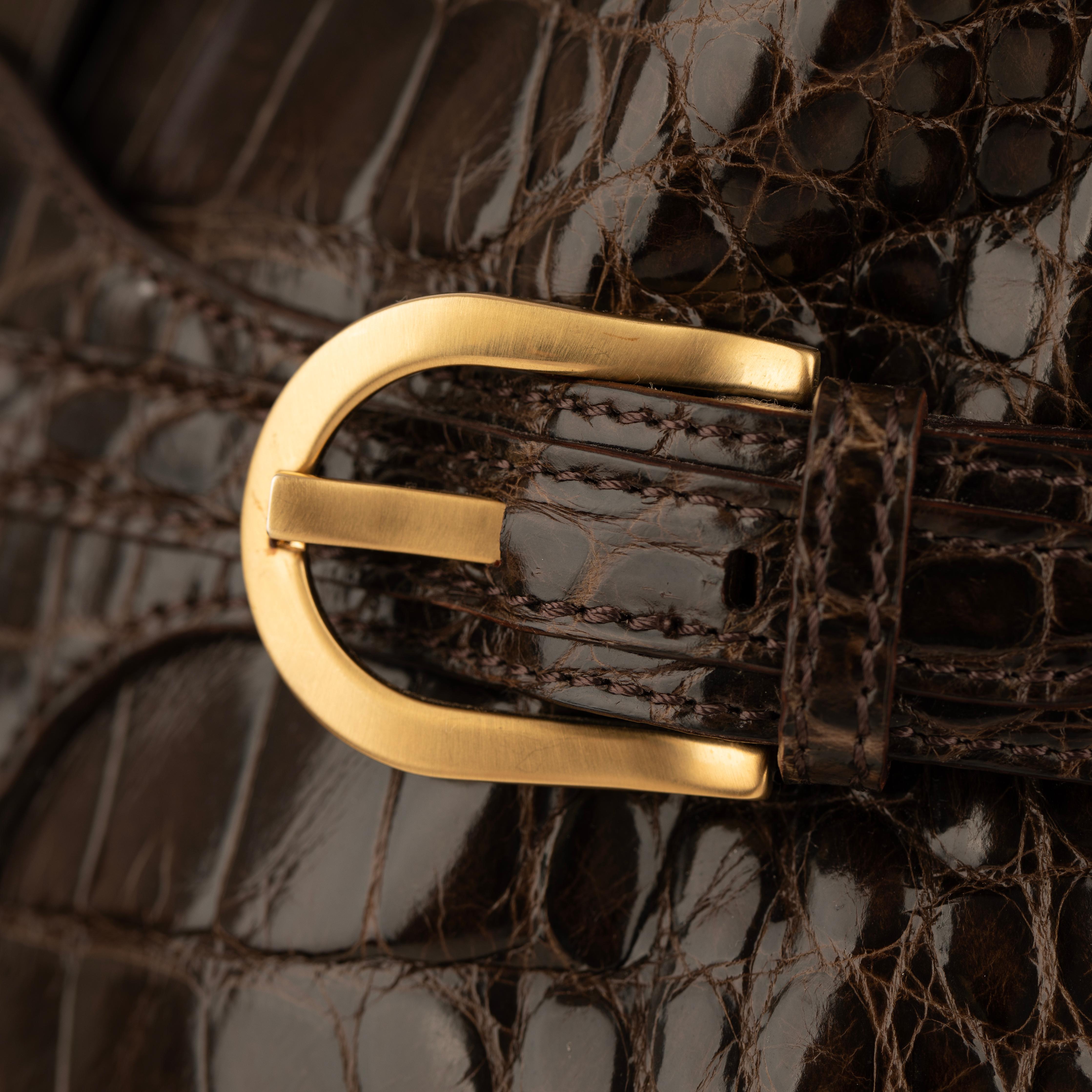 Jimmy Choo Brown Polished Crocodile Tulita Top Handle Bag Gold Tone Hardware For Sale 5