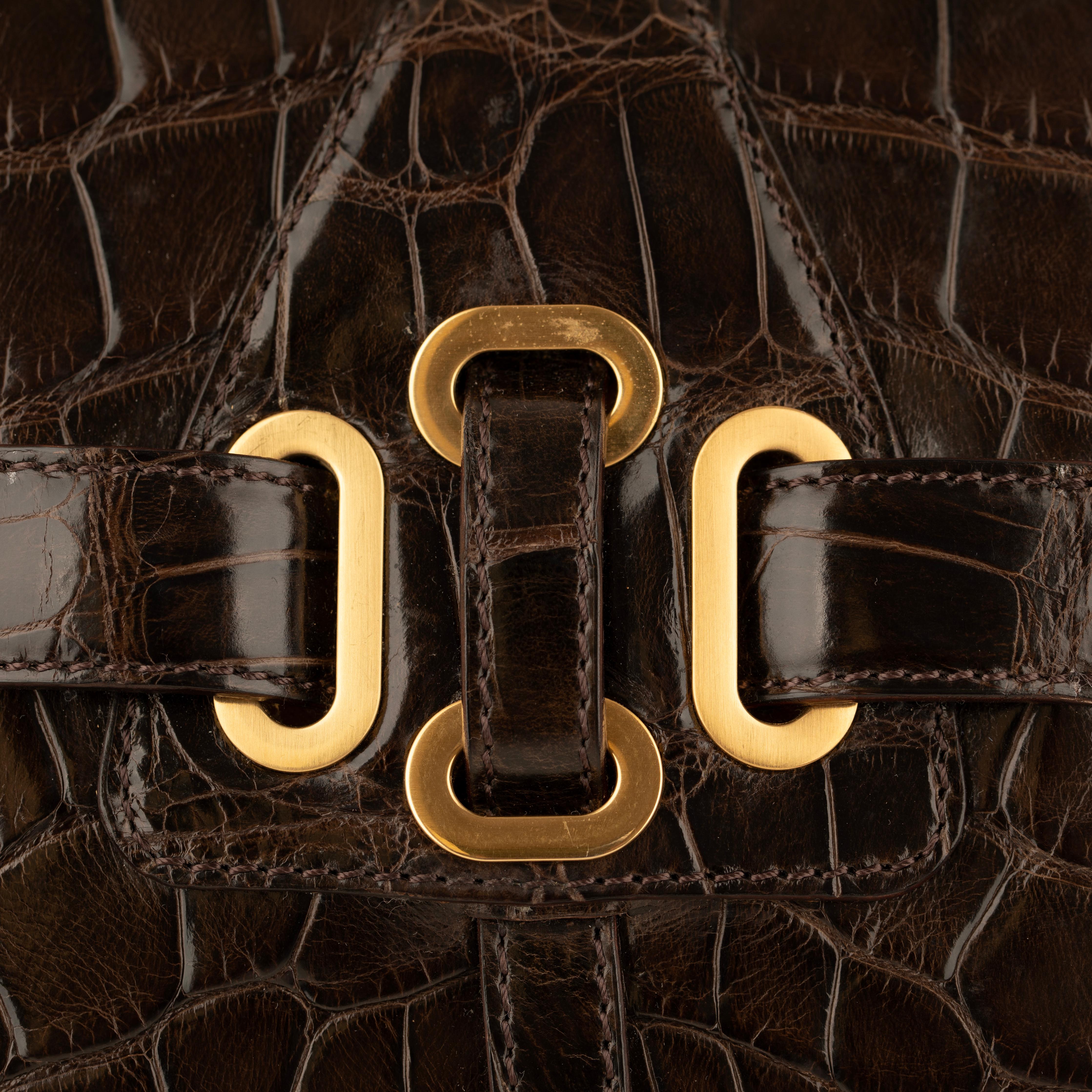 Jimmy Choo Brown Polished Crocodile Tulita Top Handle Bag Gold Tone Hardware For Sale 6