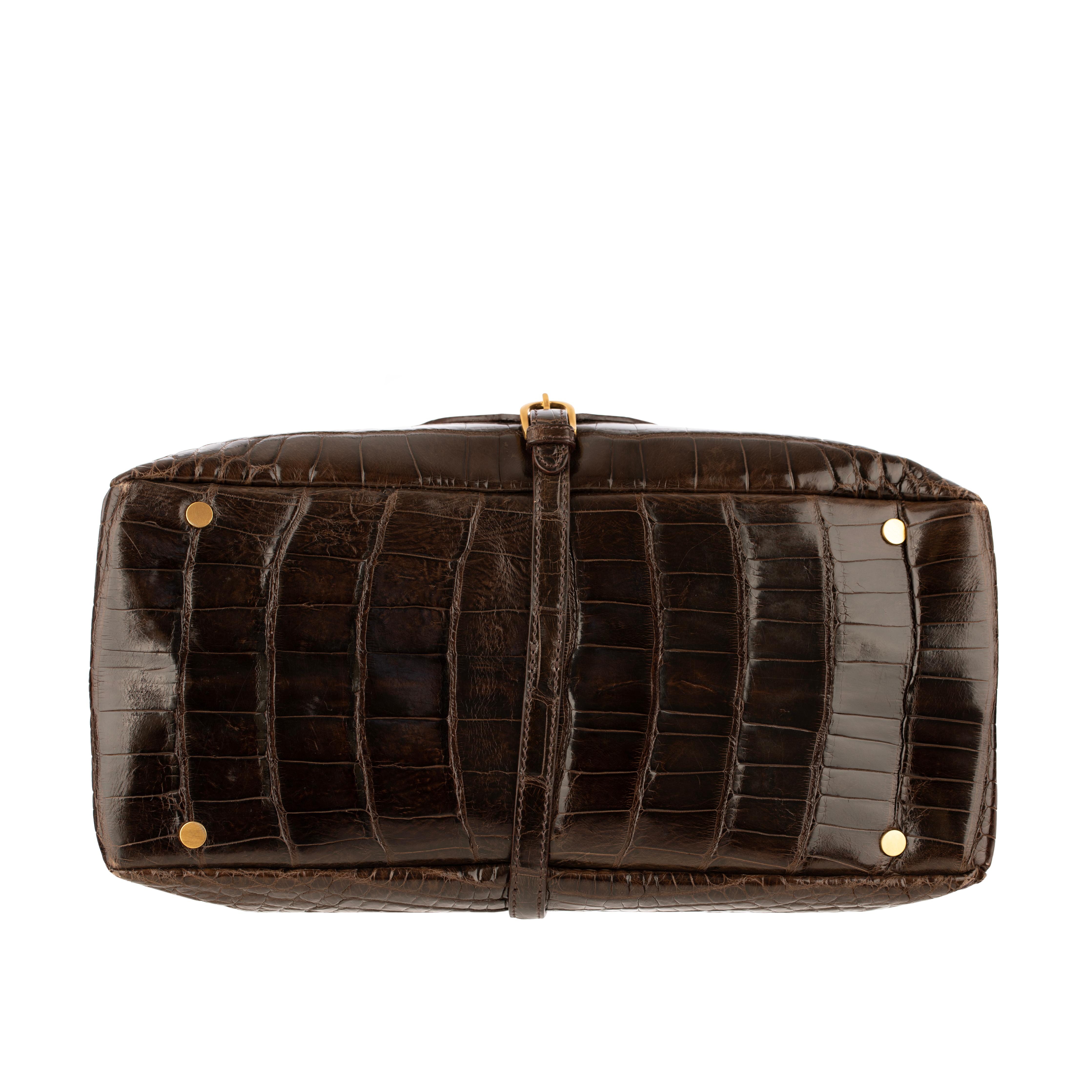 Jimmy Choo Brown Polished Crocodile Tulita Top Handle Bag Gold Tone Hardware For Sale 7