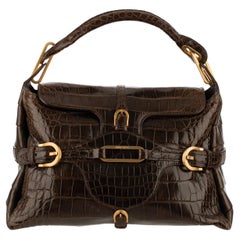 Jimmy Choo Brown Polished Crocodile Tulita Top Handle Bag Gold Tone Hardware