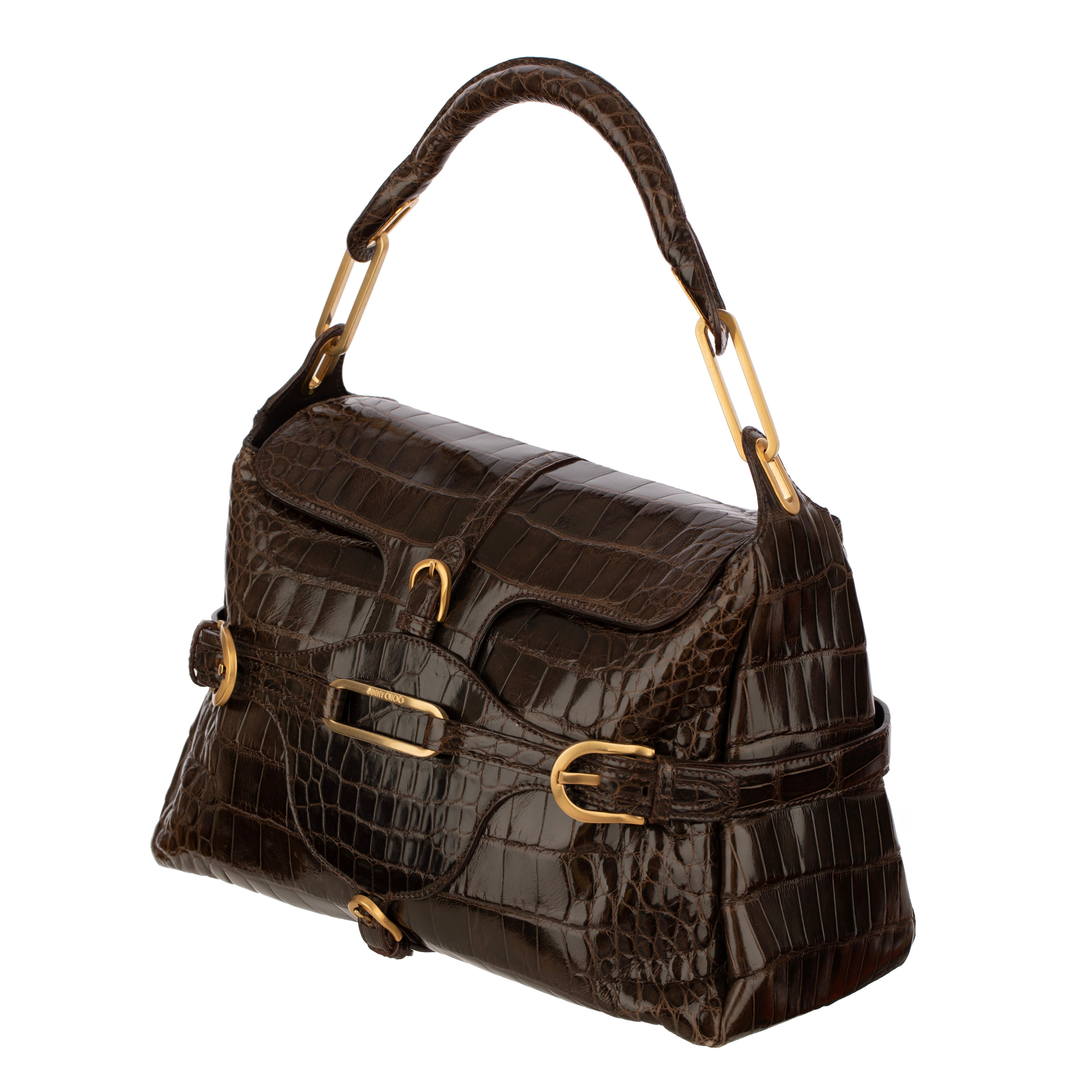 Black Jimmy Choo Brown Polished Crocodile Tulita Top Handle Bag Gold Tone Hardware For Sale