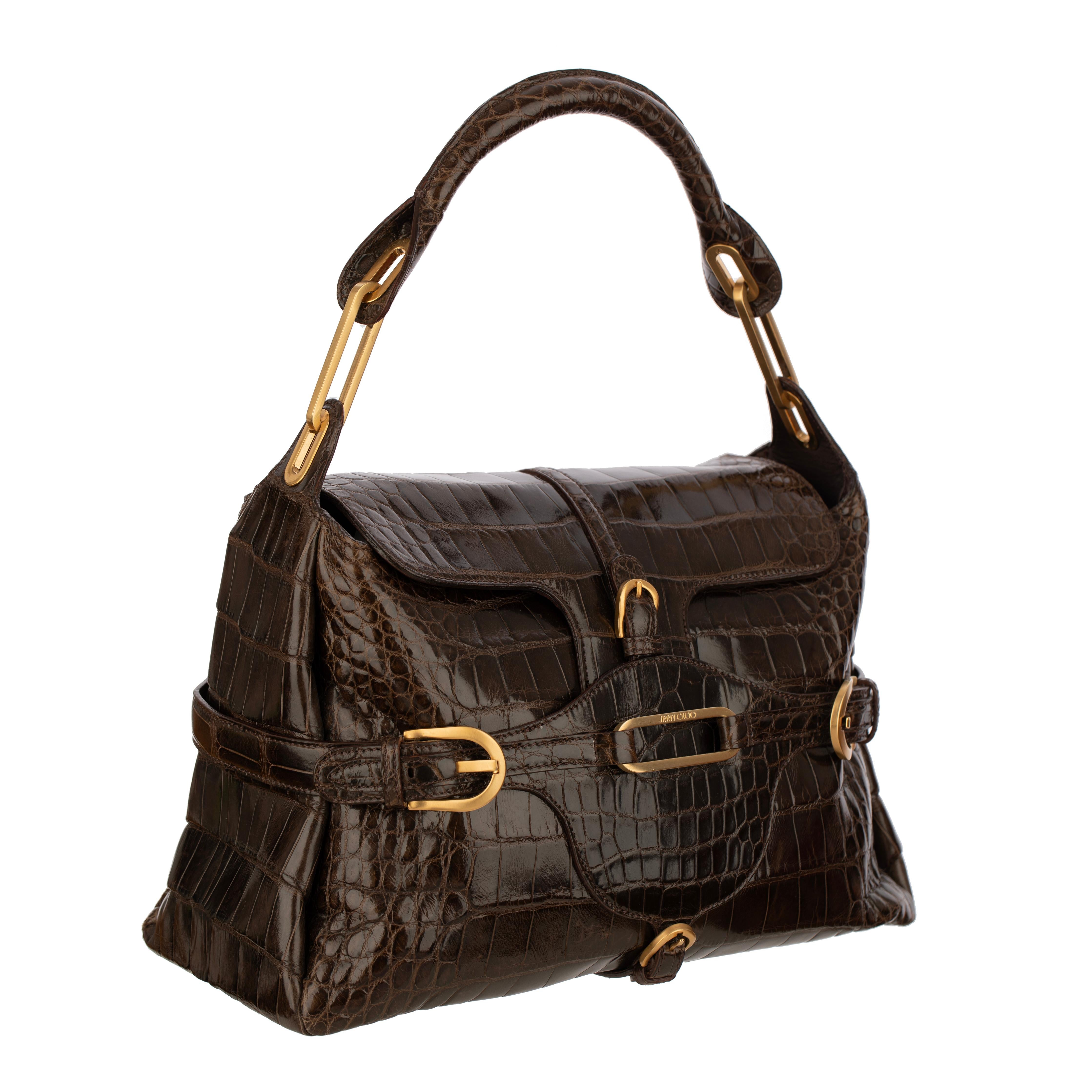 Jimmy Choo Brown Polished Crocodile Tulita Top Handle Bag Gold Tone Hardware In Excellent Condition For Sale In Sydney, New South Wales