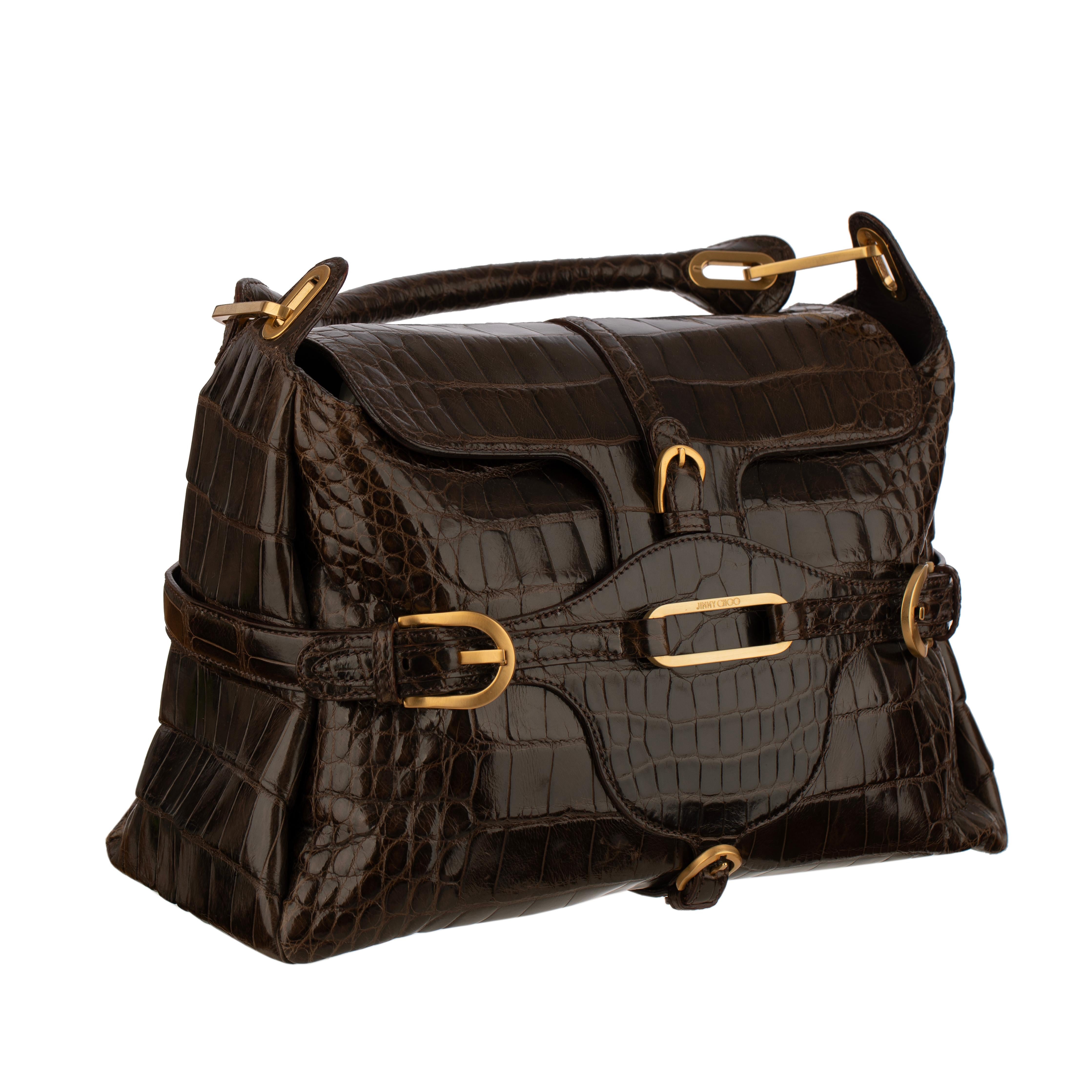 Women's or Men's Jimmy Choo Brown Polished Crocodile Tulita Top Handle Bag Gold Tone Hardware For Sale