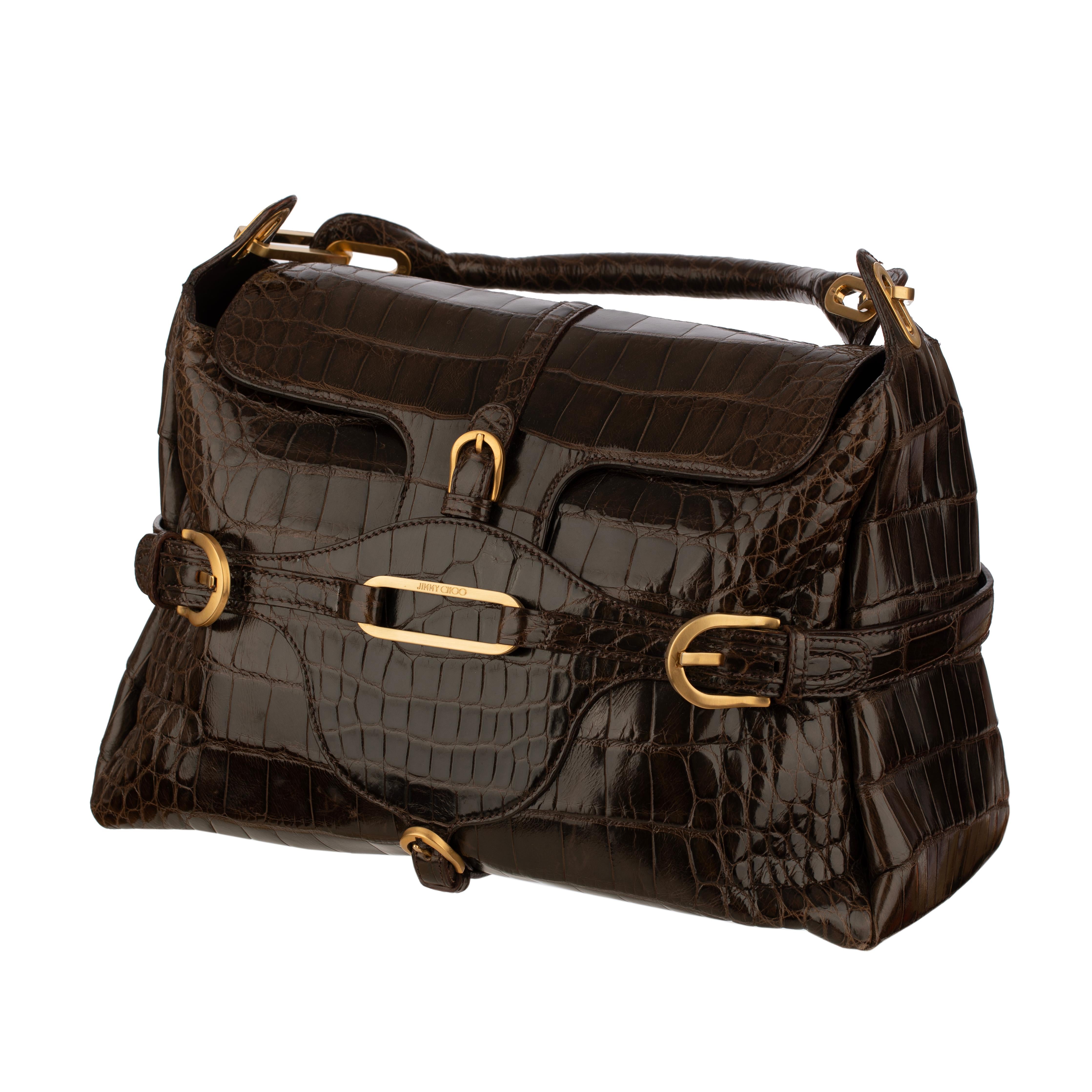 Jimmy Choo Brown Polished Crocodile Tulita Top Handle Bag Gold Tone Hardware For Sale 1