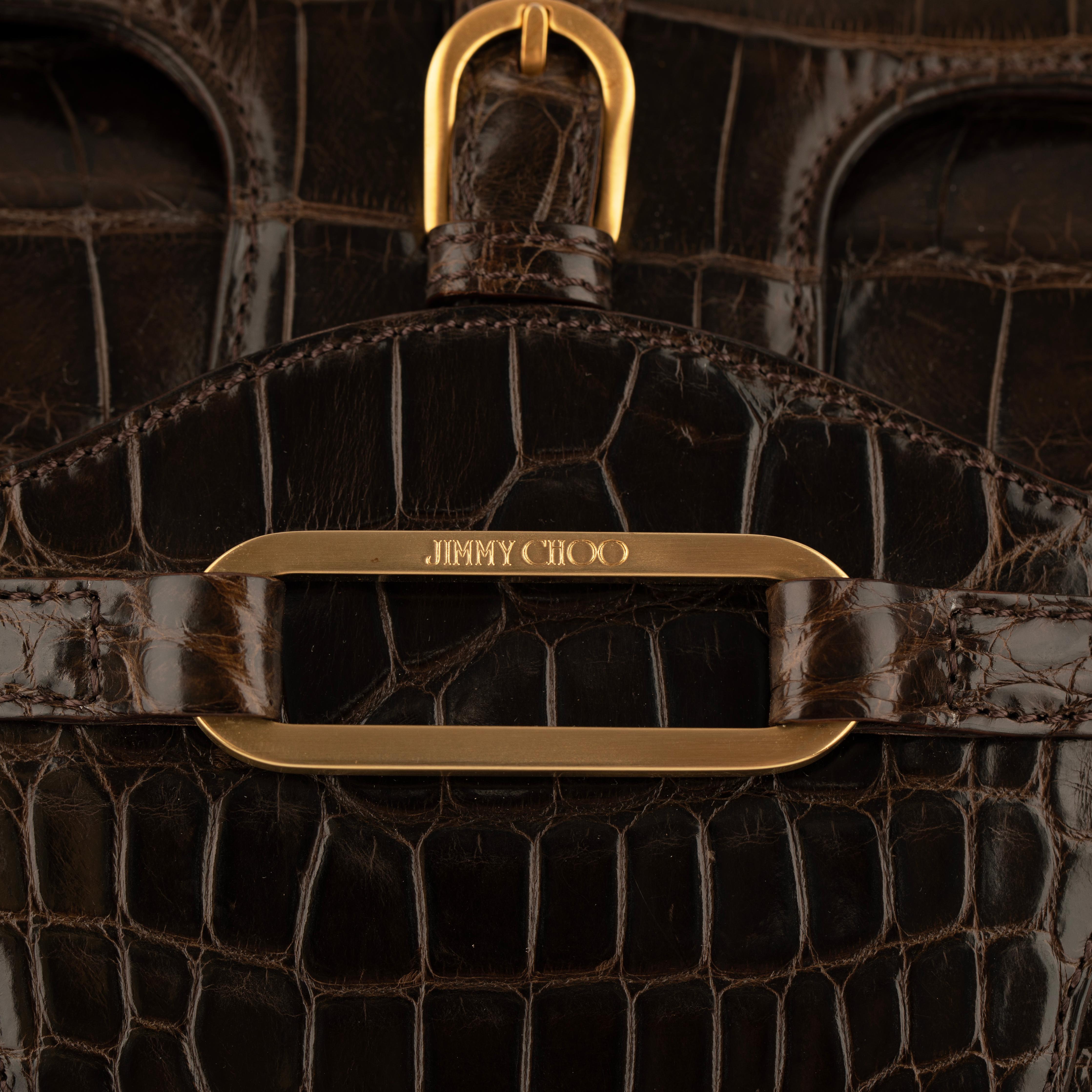 Jimmy Choo Brown Polished Crocodile Tulita Top Handle Bag Gold Tone Hardware For Sale 2