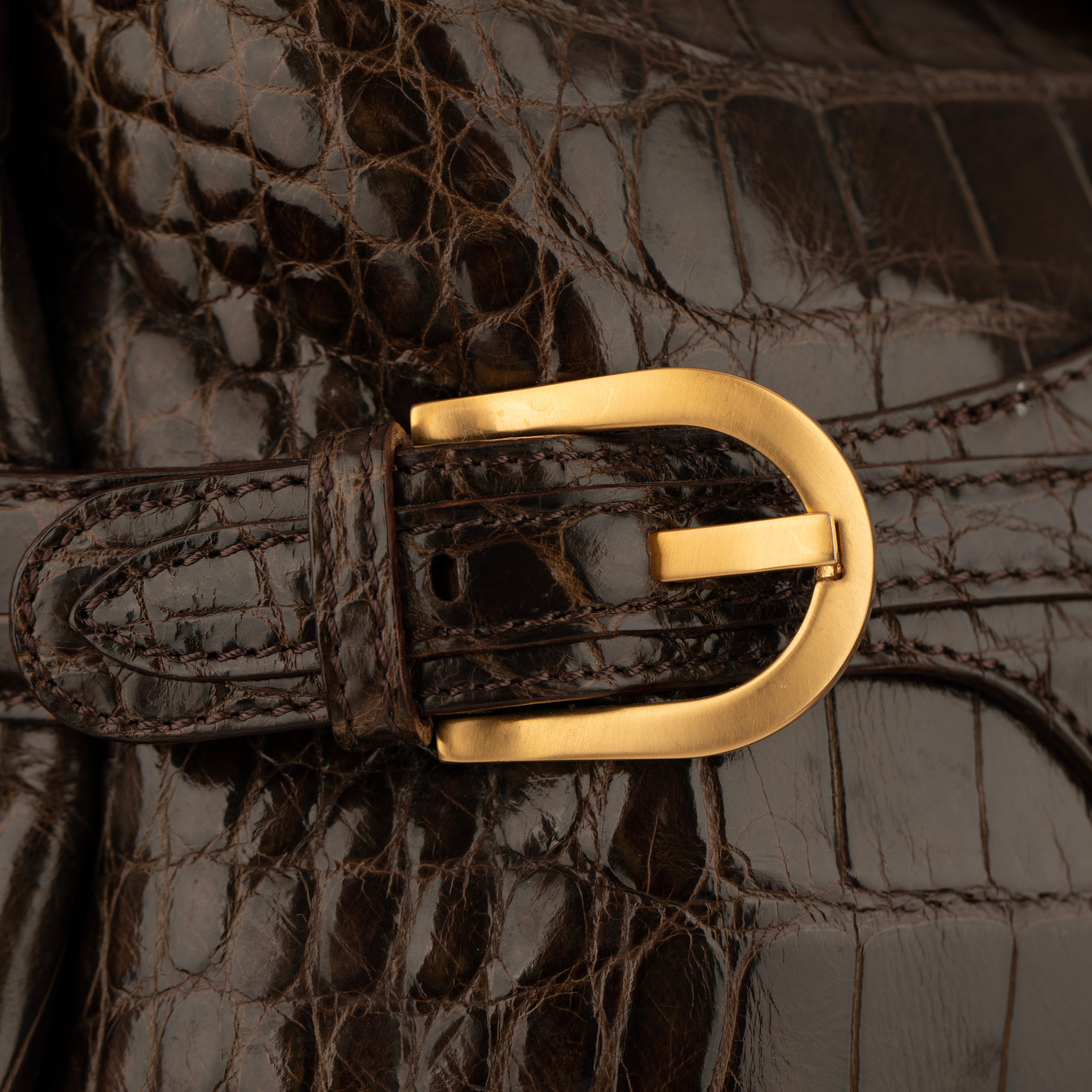 Jimmy Choo Brown Polished Crocodile Tulita Top Handle Bag Gold Tone Hardware For Sale 3