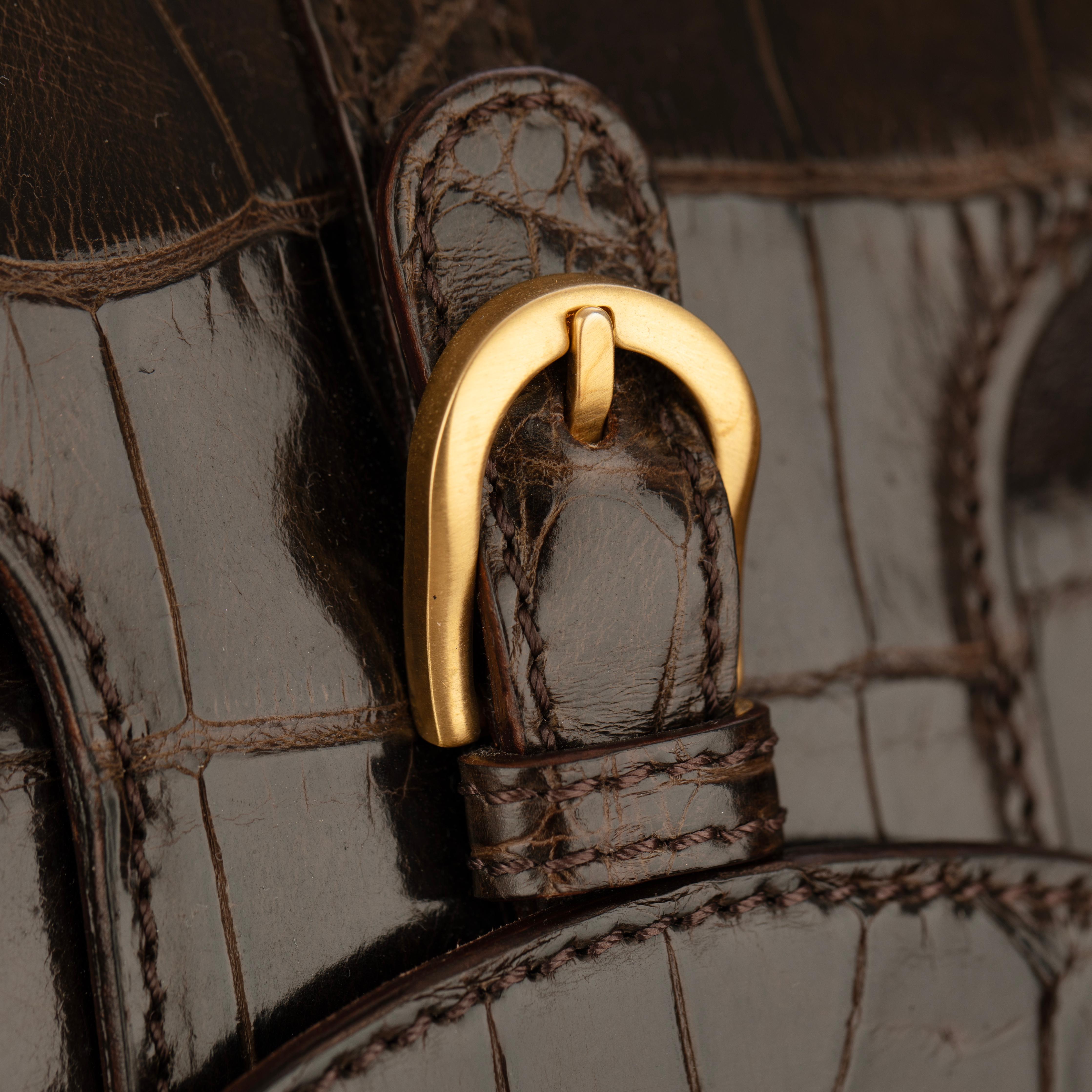 Jimmy Choo Brown Polished Crocodile Tulita Top Handle Bag Gold Tone Hardware For Sale 4