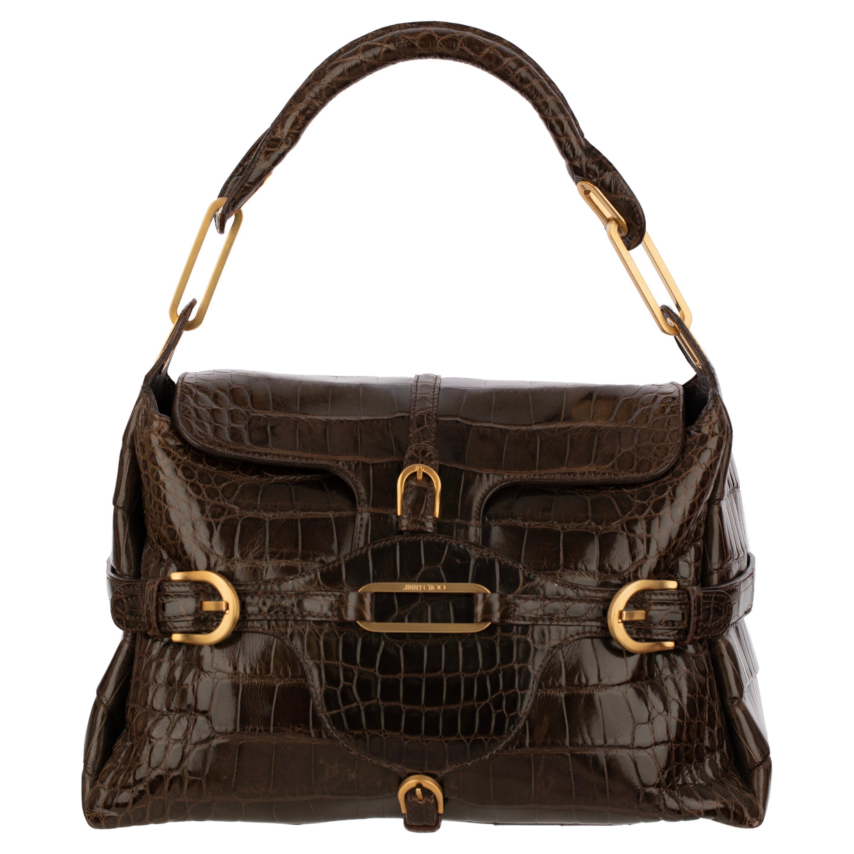 Jimmy Choo Brown Polished Crocodile Tulita Top Handle Bag Gold Tone Hardware For Sale