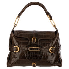 Jimmy Choo Brown Polished Crocodile Tulita Top Handle Bag Gold Tone Hardware