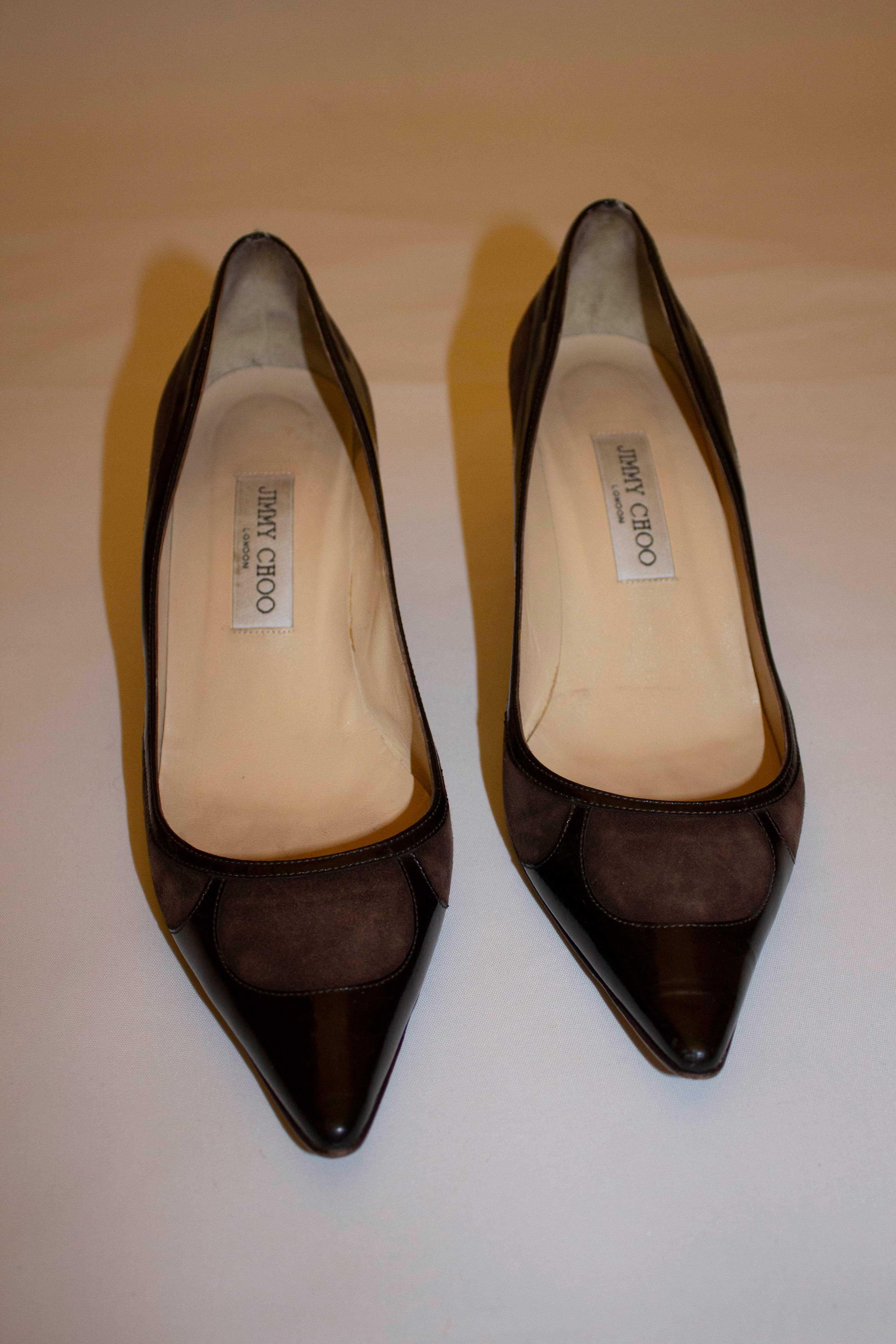 Jimmy Choo Brown Suede and Patent Leather Heels, Size 39 1/2 In Good Condition In London, GB