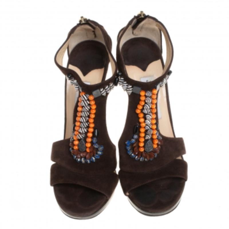 Black Jimmy Choo Brown Suede Beaded T-strap Tribal Sandals Size 38.5 For Sale
