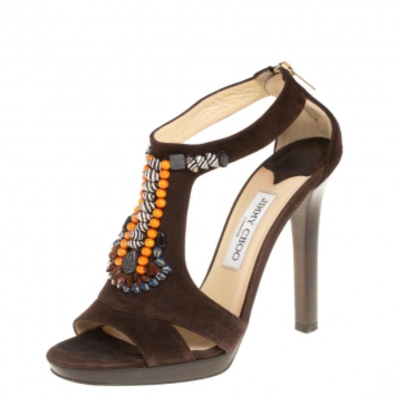 Jimmy Choo Brown Suede Beaded T-strap Tribal Sandals Size 38.5 In Fair Condition For Sale In Dubai, Al Qouz 2