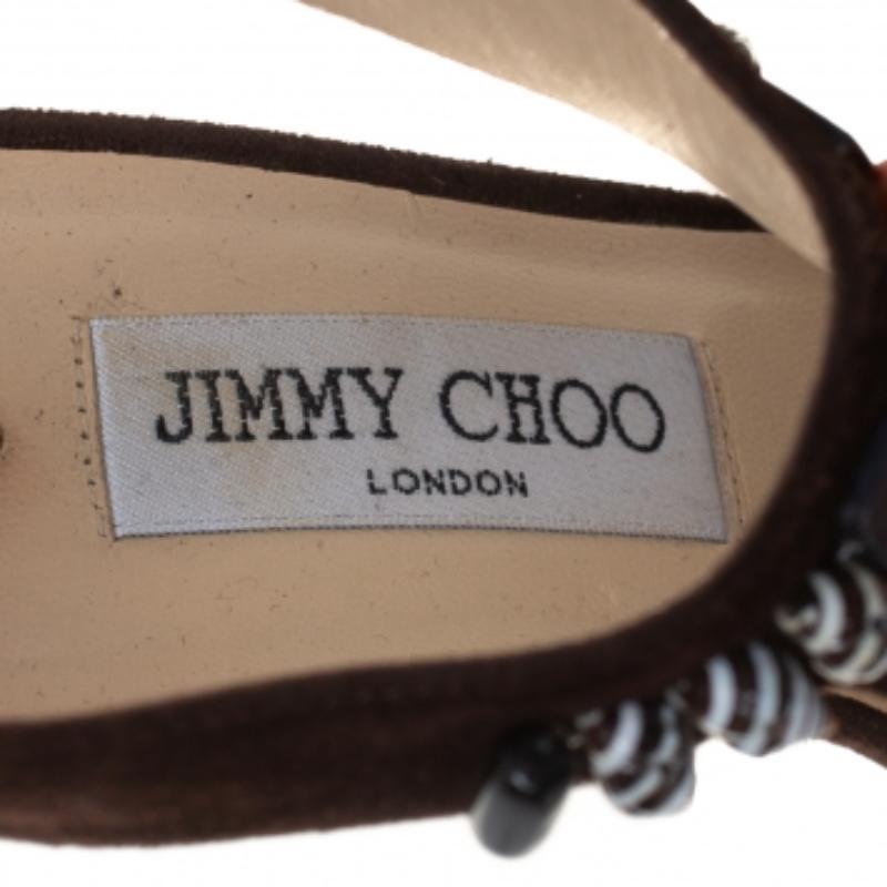 Women's Jimmy Choo Brown Suede Beaded T-strap Tribal Sandals Size 38.5 For Sale