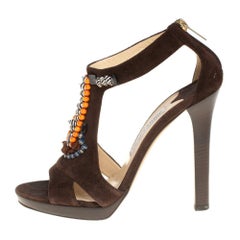 Jimmy Choo Brown Suede Beaded T-strap Tribal Sandals Size 38.5