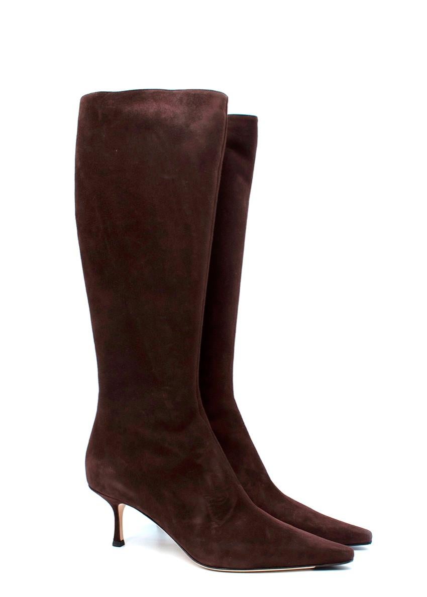 Jimmy Choo Brown Suede Kitten Heeled Long Boots
 

 - Chocolate brown suede
 - Close fitting, with zip back
 - Squared-off point toe
 - Set on a low kitten heel
 

 

 Materials 
 100% Suede 
 

 Made in Italy 
 

 PLEASE NOTE, THESE ITEMS ARE