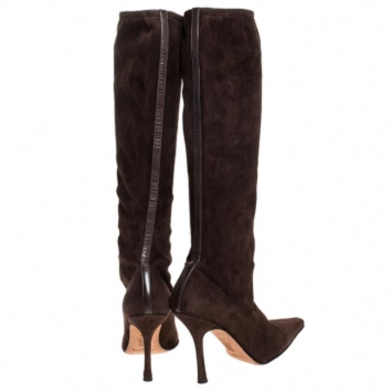 Noir Jimmy Choo Brown Suede Leather Knee Length Pointed Toe Boots Size 38.5 en vente
